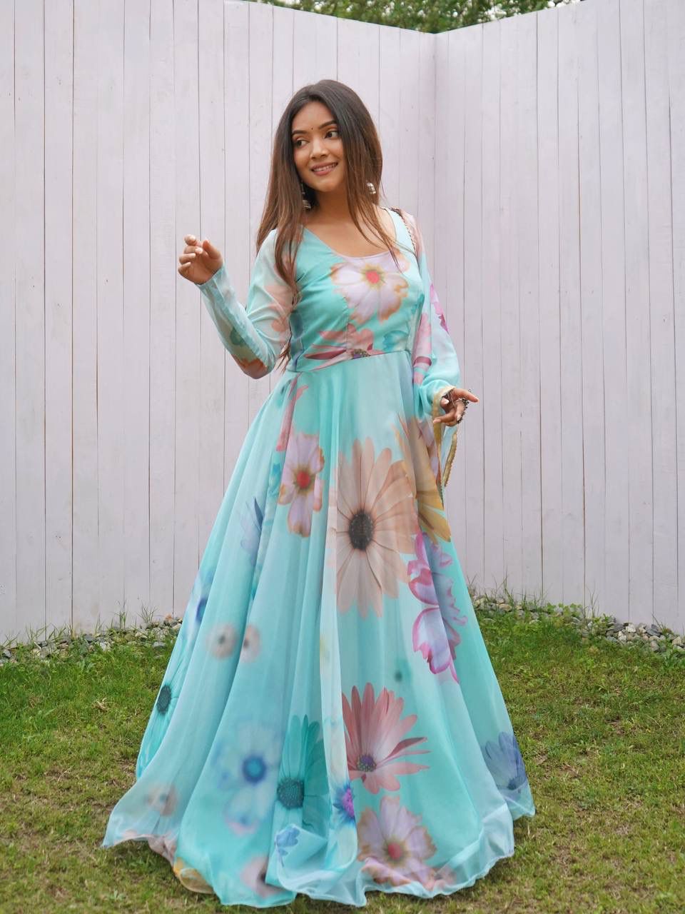 Radiant Sky Blue Organza Silk Floral Printed Stitched Gown With Dupatta - INDIAN ELEGANCE
