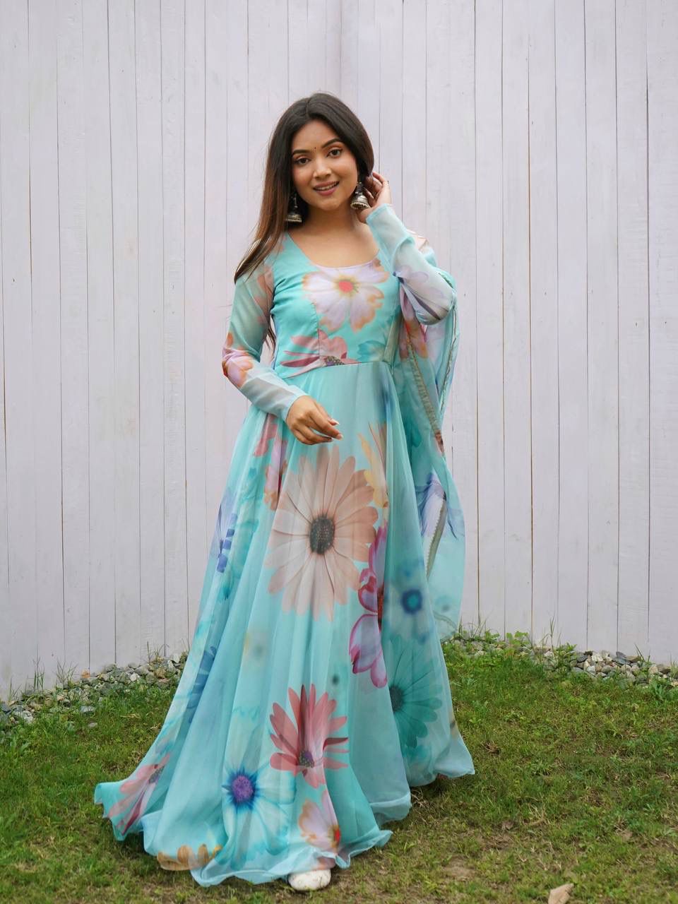 Radiant Sky Blue Organza Silk Floral Printed Stitched Gown With Dupatta - INDIAN ELEGANCE