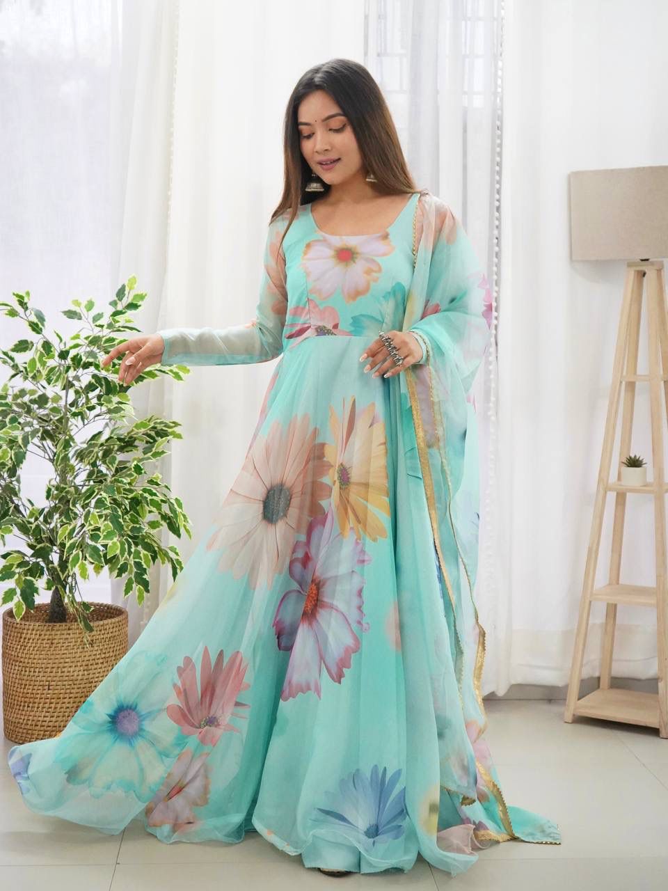 Radiant Sky Blue Organza Silk Floral Printed Stitched Gown With Dupatta - INDIAN ELEGANCE