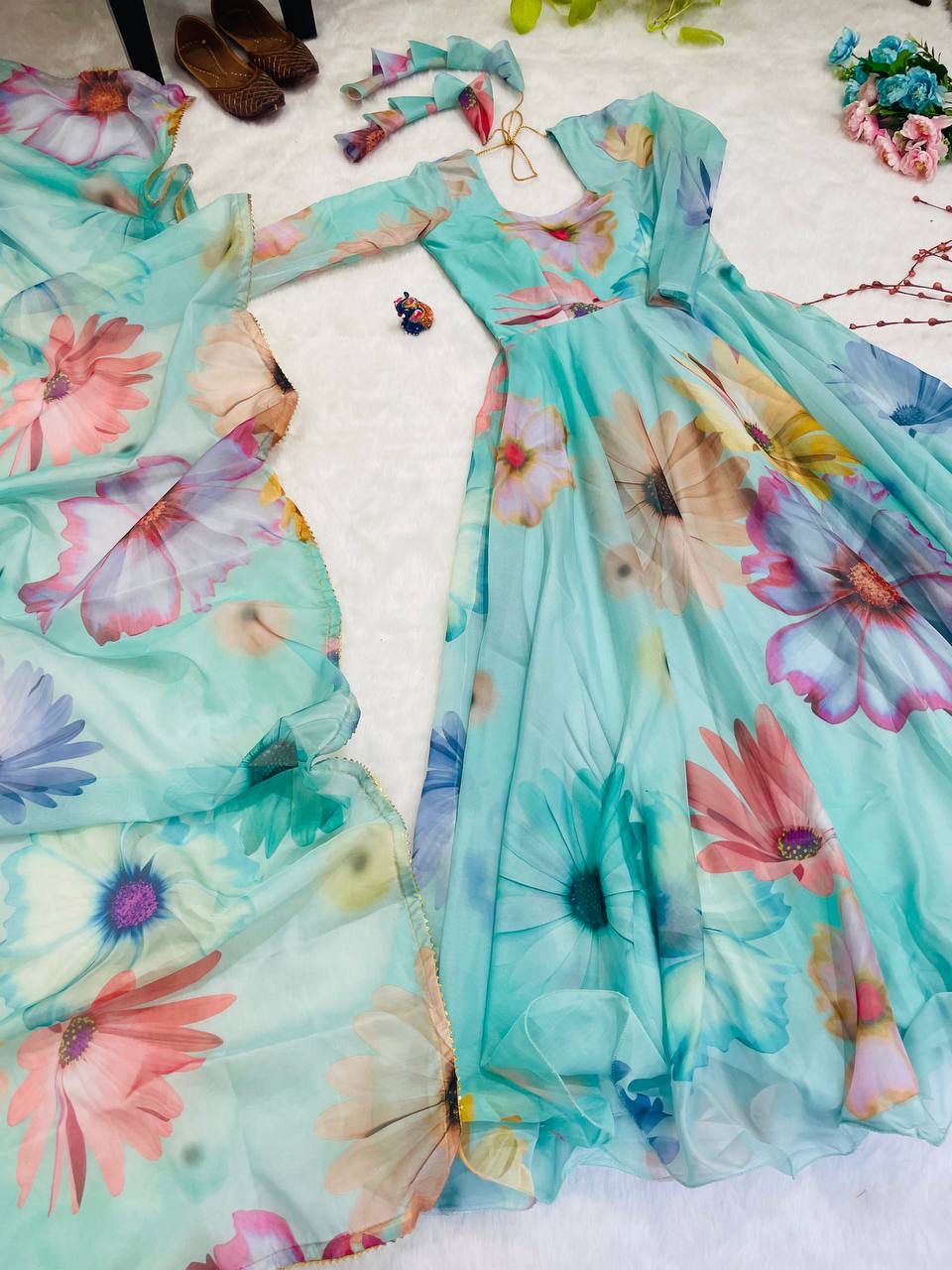 Radiant Sky Blue Organza Silk Floral Printed Stitched Gown With Dupatta - INDIAN ELEGANCE