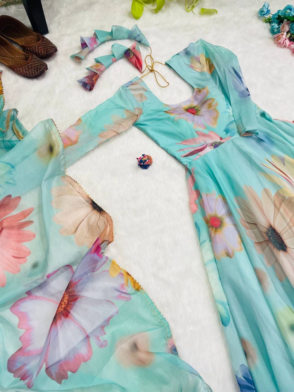 Radiant Sky Blue Organza Silk Floral Printed Stitched Gown With Dupatta - INDIAN ELEGANCE