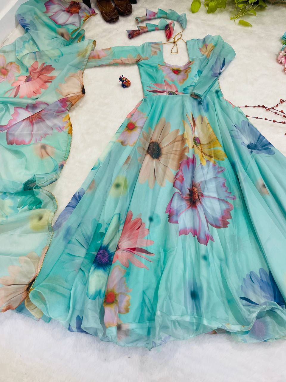 Radiant Sky Blue Organza Silk Floral Printed Stitched Gown With Dupatta - INDIAN ELEGANCE