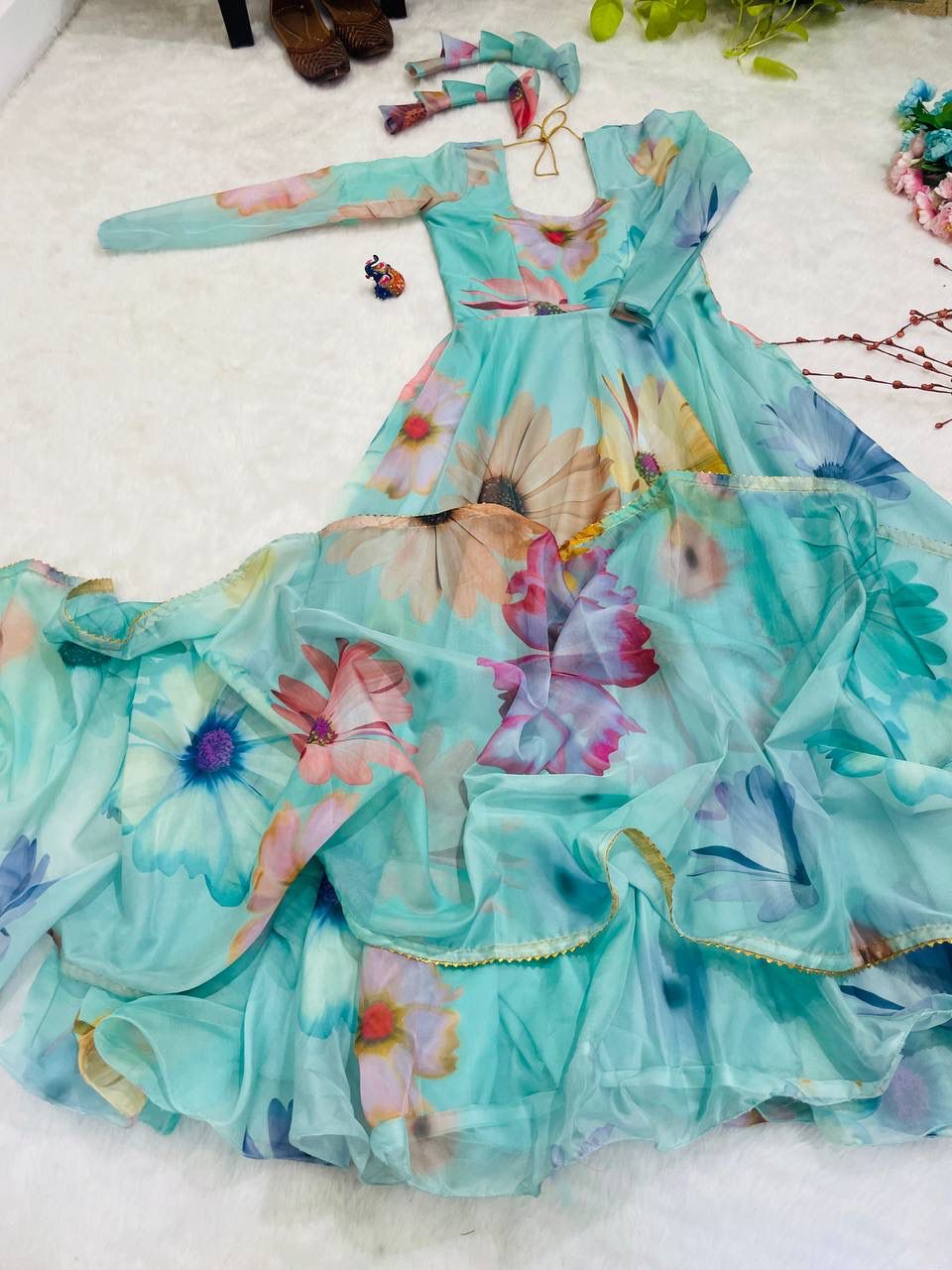 Radiant Sky Blue Organza Silk Floral Printed Stitched Gown With Dupatta - INDIAN ELEGANCE