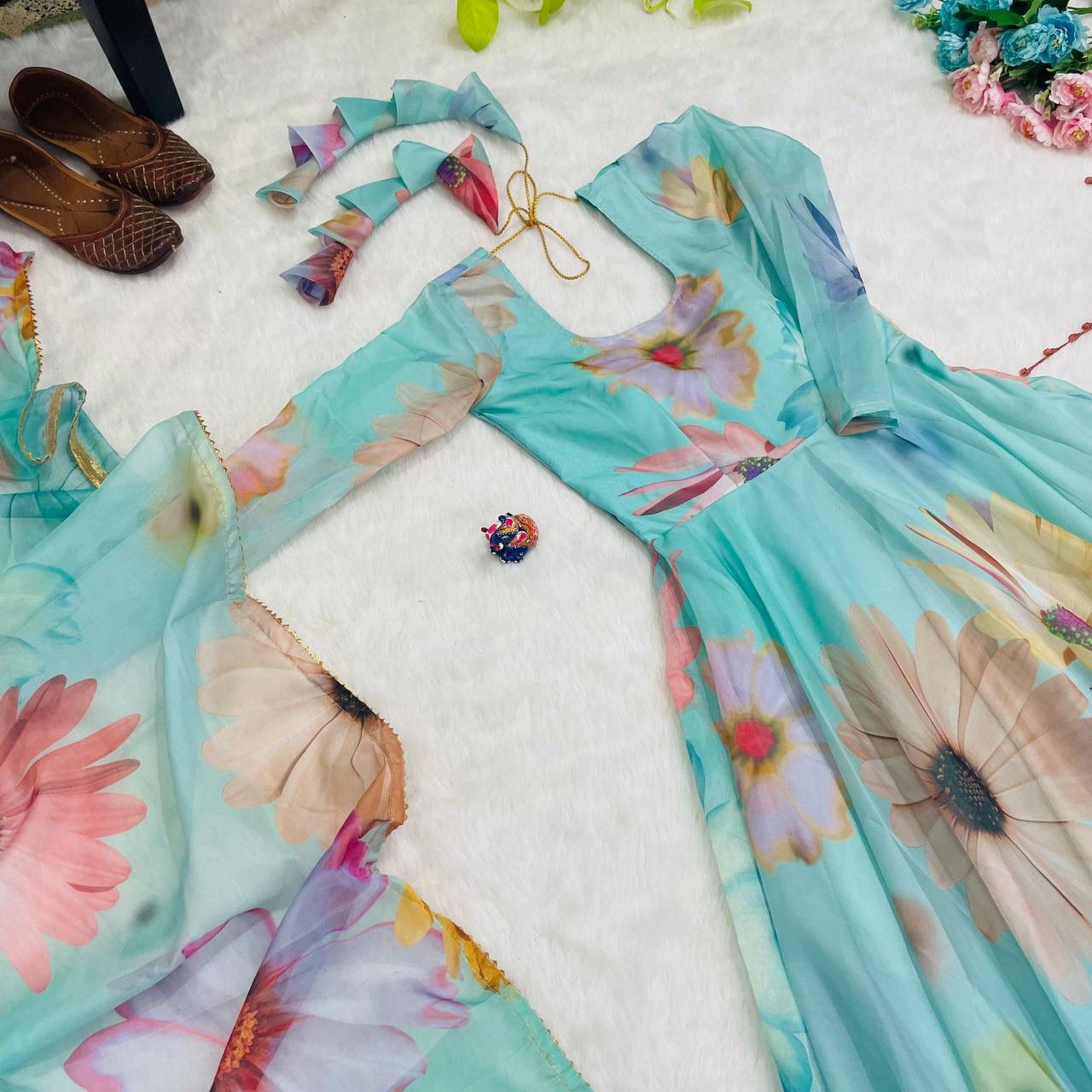 Radiant Sky Blue Organza Silk Floral Printed Stitched Gown With Dupatta - INDIAN ELEGANCE