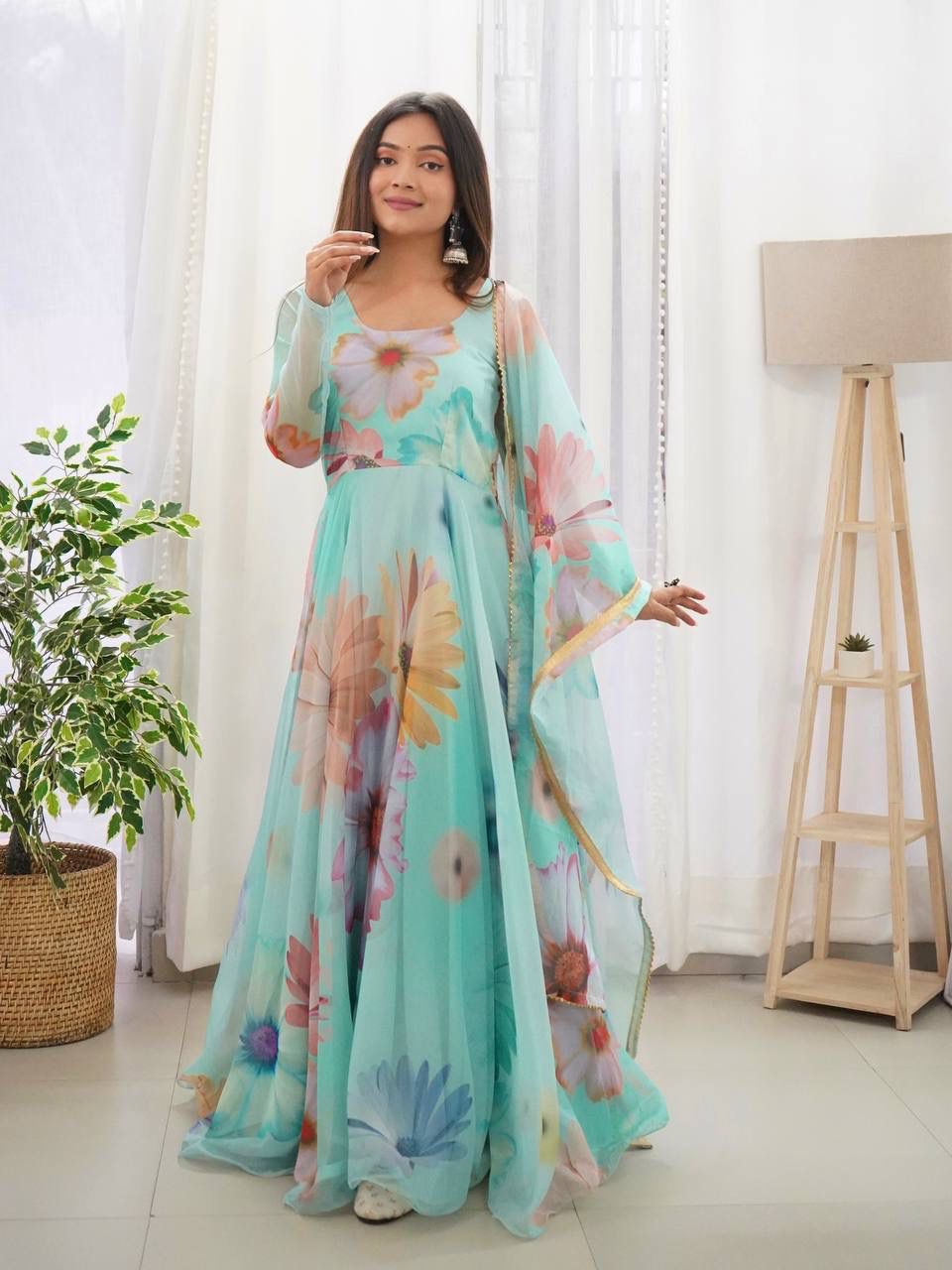 Radiant Sky Blue Organza Silk Floral Printed Stitched Gown With Dupatta - INDIAN ELEGANCE