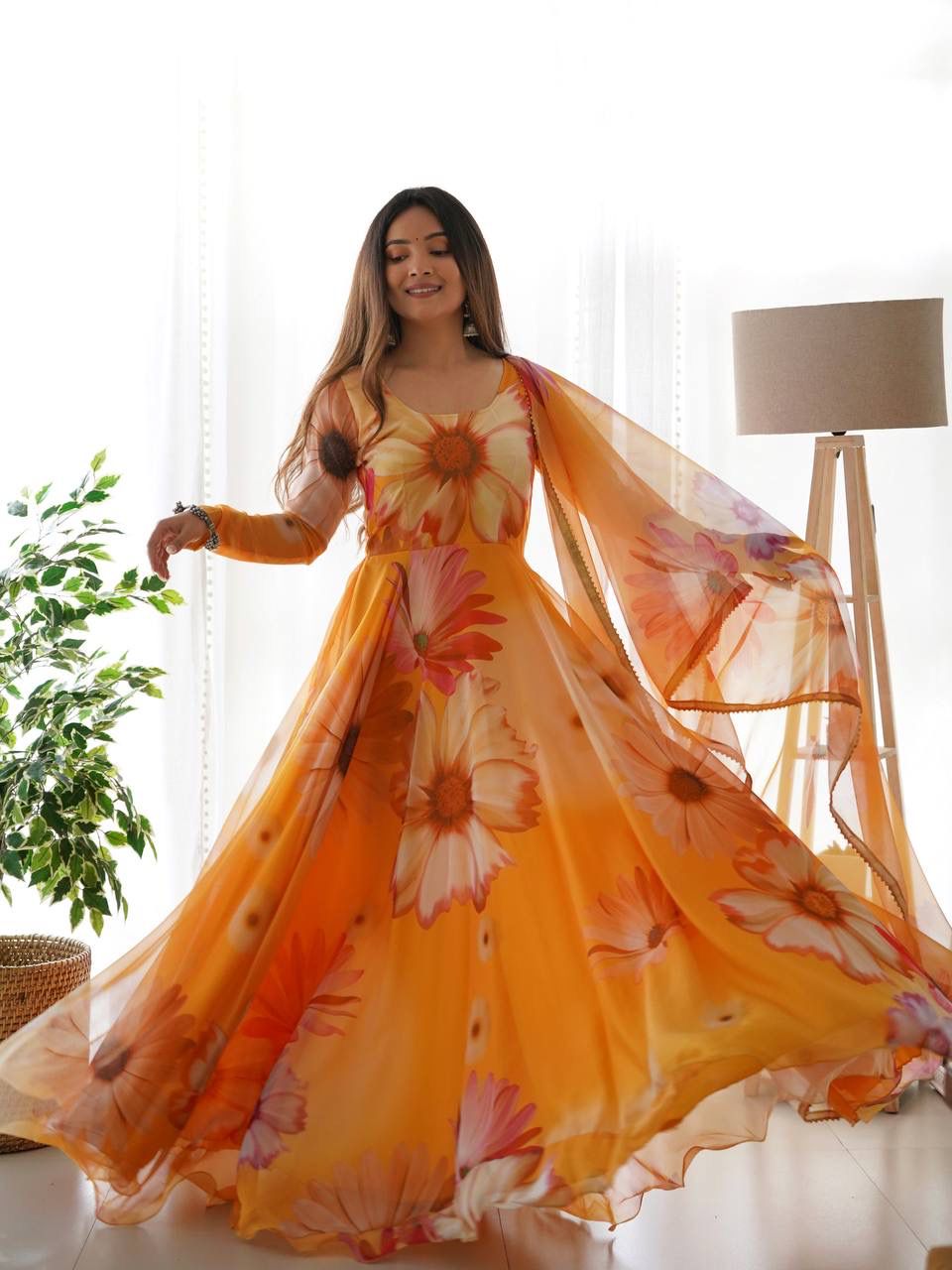 Elegant Orange Organza Silk Floral Printed Stitched Gown With Dupatta - INDIAN ELEGANCE