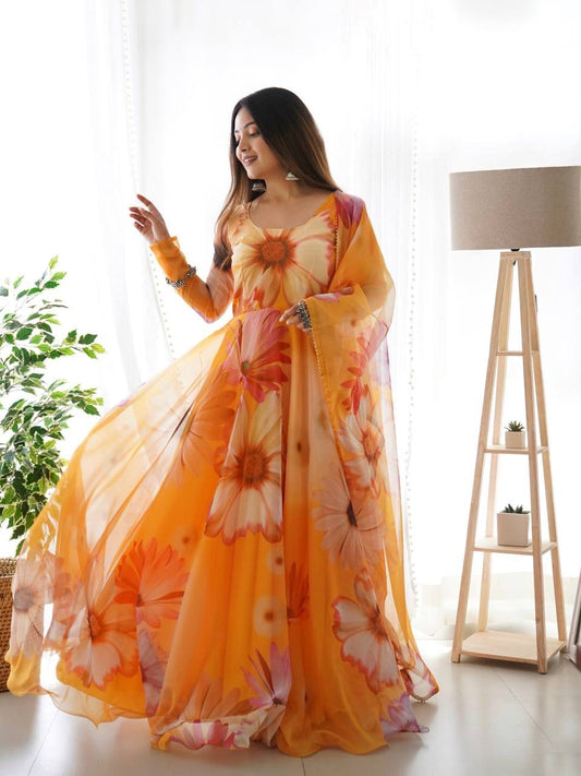 Elegant Orange Organza Silk Floral Printed Stitched Gown With Dupatta - INDIAN ELEGANCE