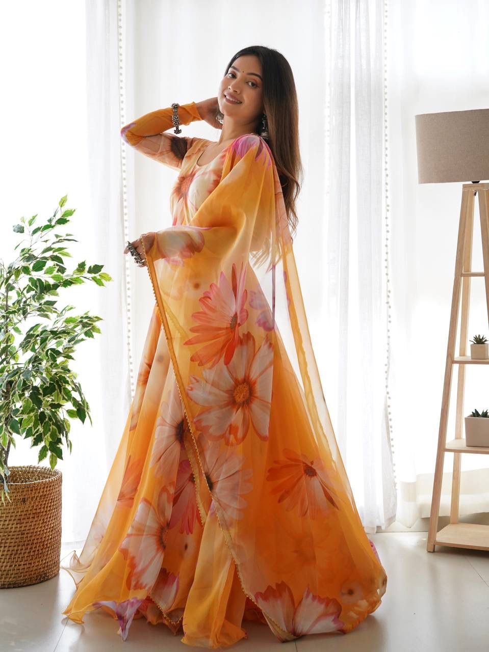 Elegant Orange Organza Silk Floral Printed Stitched Gown With Dupatta - INDIAN ELEGANCE