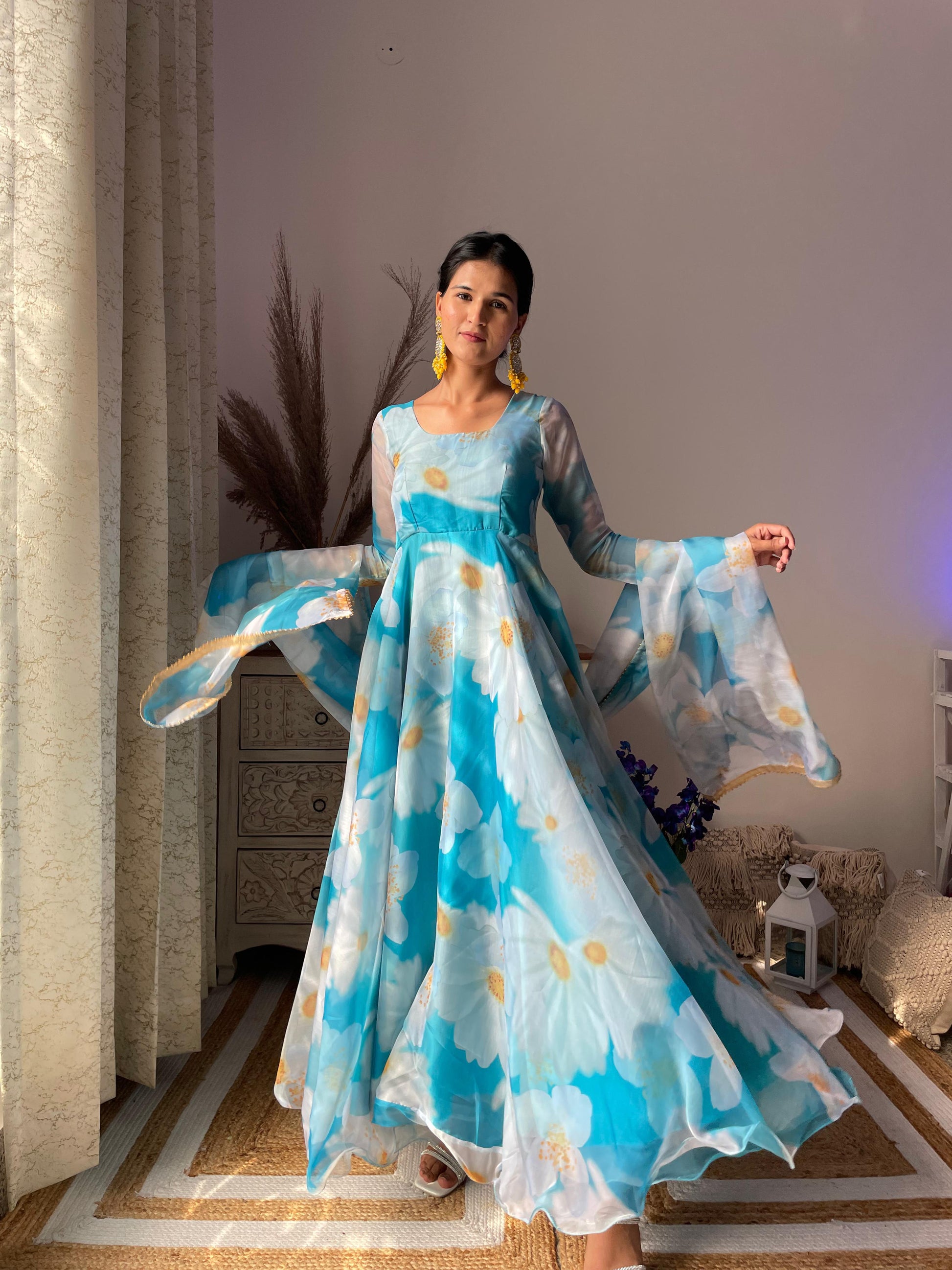 Classy Sky Blue Organza Silk Floral Printed Stitched Gown With Dupatta - INDIAN ELEGANCE