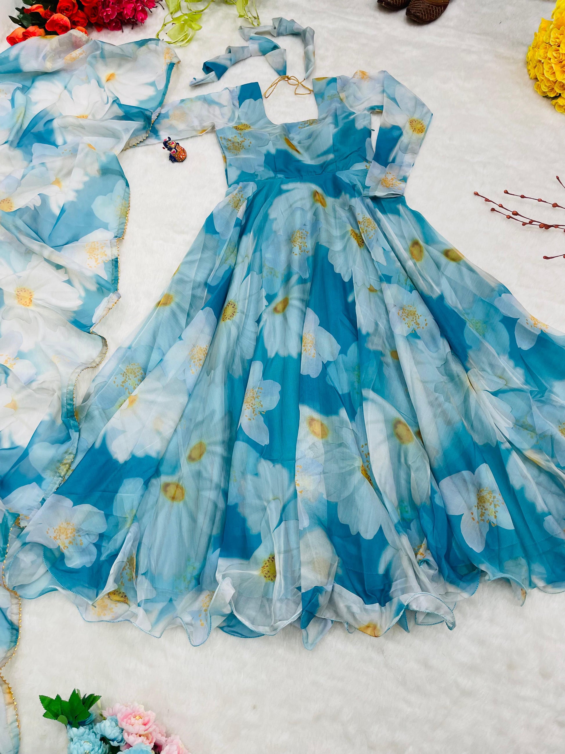 Classy Sky Blue Organza Silk Floral Printed Stitched Gown With Dupatta - INDIAN ELEGANCE