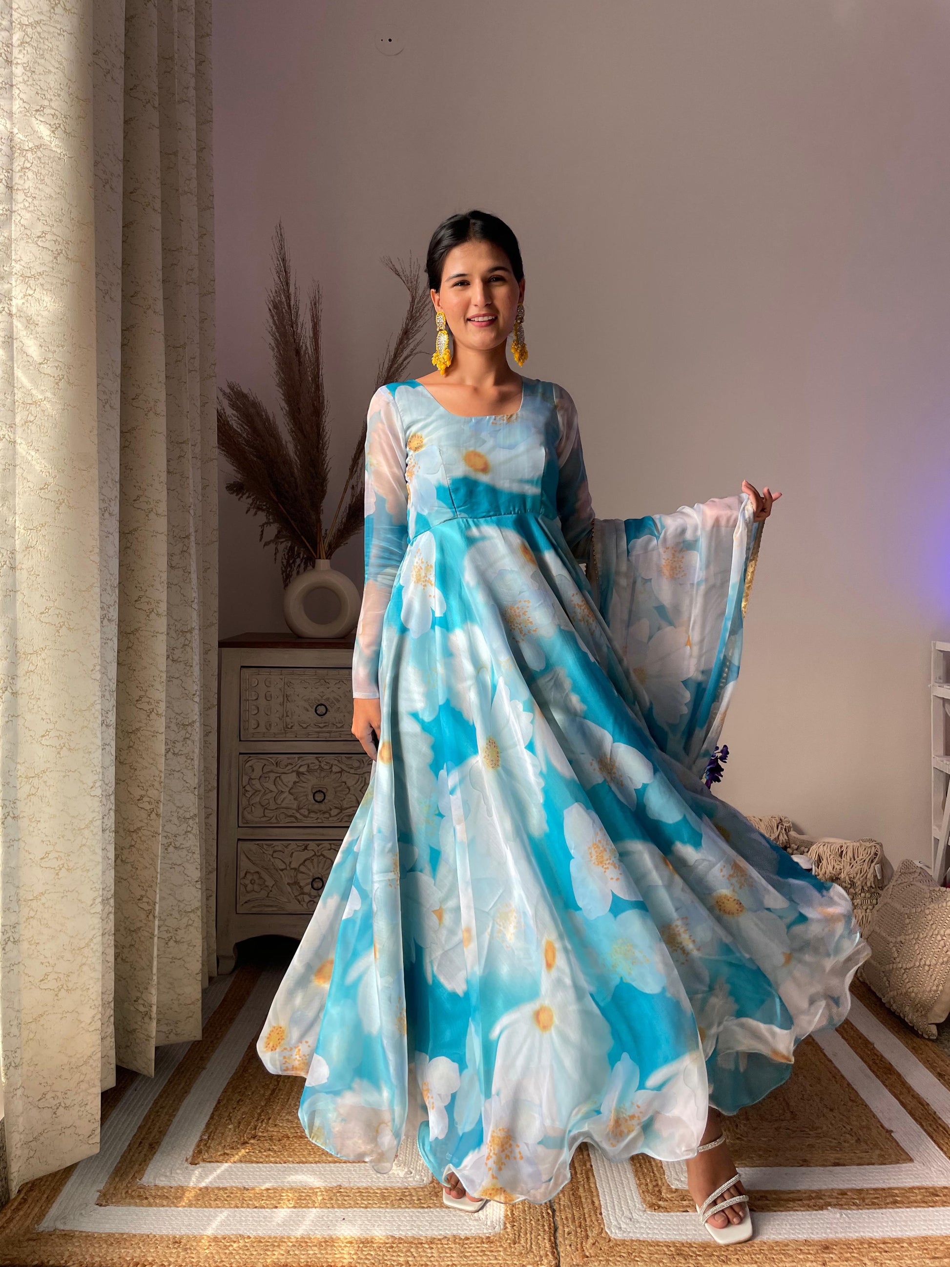 Classy Sky Blue Organza Silk Floral Printed Stitched Gown With Dupatta - INDIAN ELEGANCE