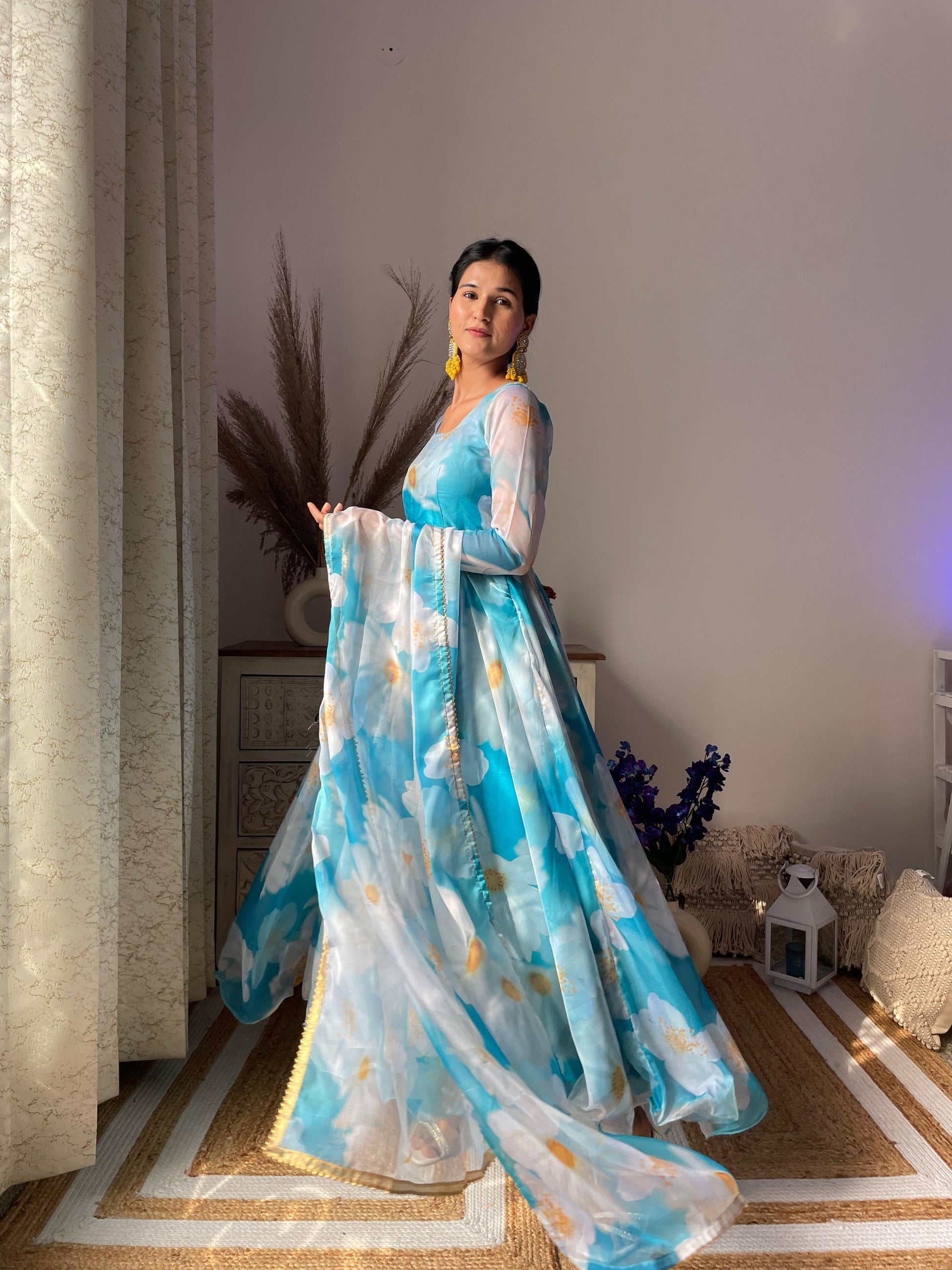 Classy Sky Blue Organza Silk Floral Printed Stitched Gown With Dupatta - INDIAN ELEGANCE