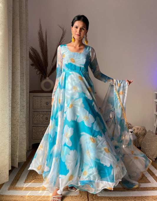 Classy Sky Blue Organza Silk Floral Printed Stitched Gown With Dupatta - INDIAN ELEGANCE