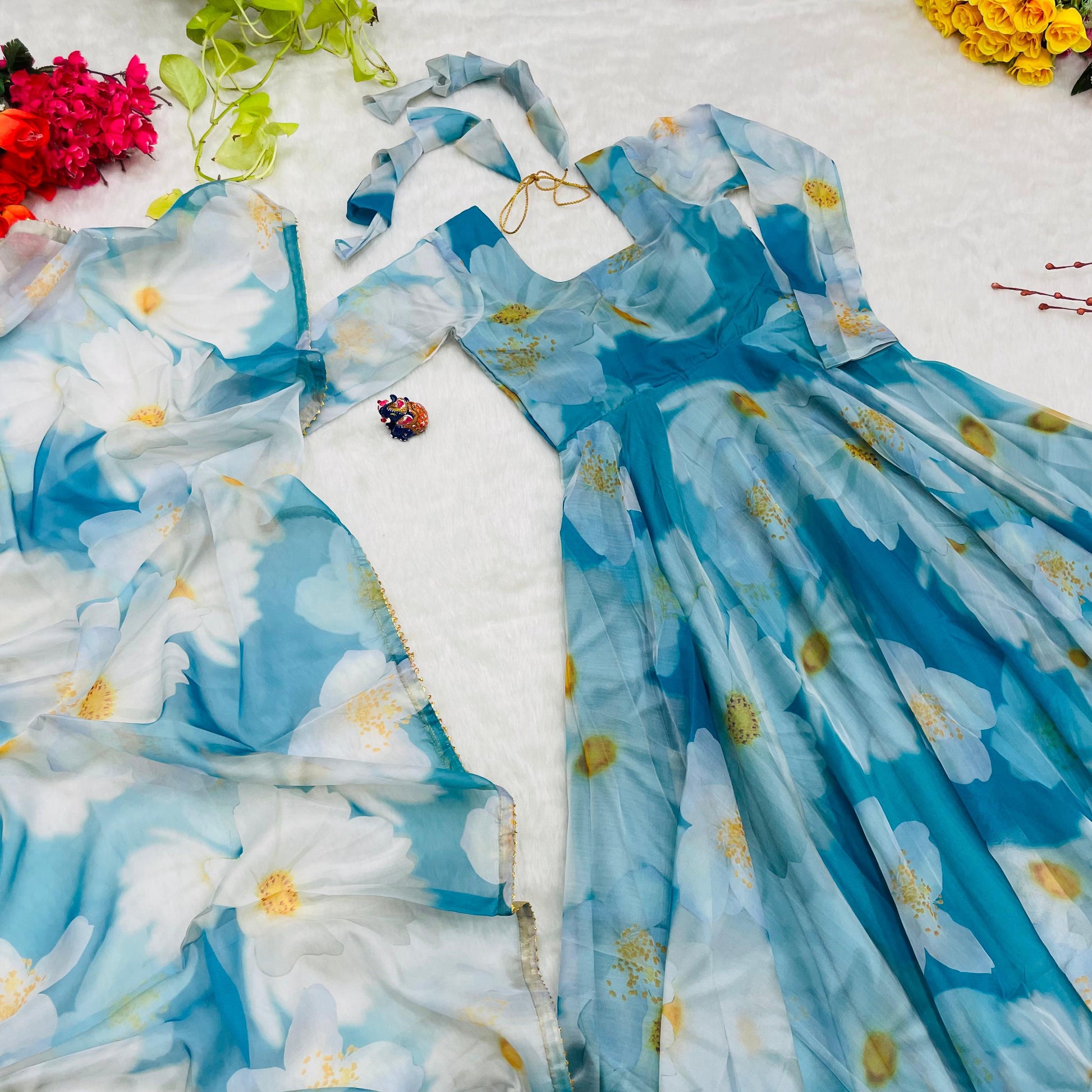 Classy Sky Blue Organza Silk Floral Printed Stitched Gown With Dupatta - INDIAN ELEGANCE