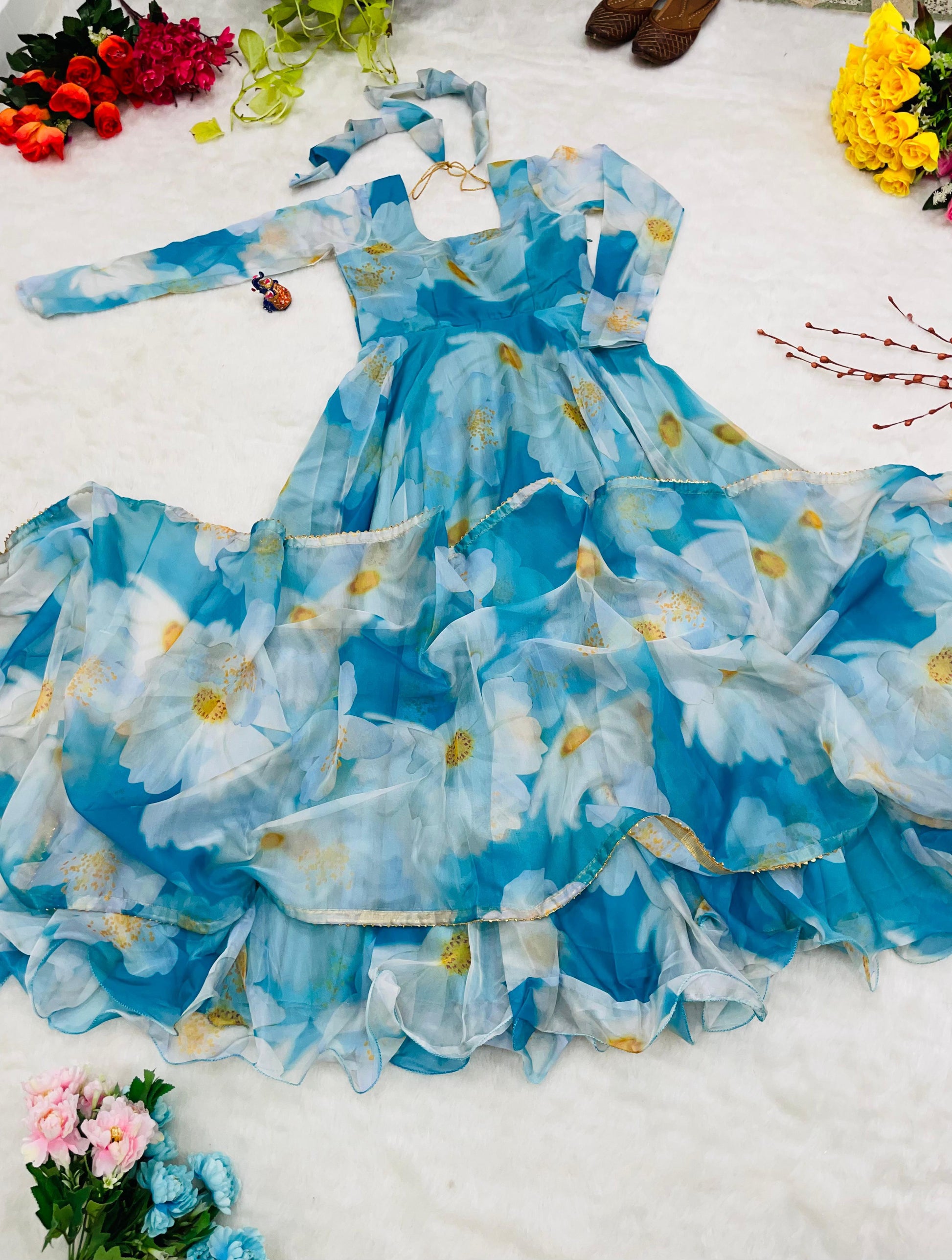 Classy Sky Blue Organza Silk Floral Printed Stitched Gown With Dupatta - INDIAN ELEGANCE