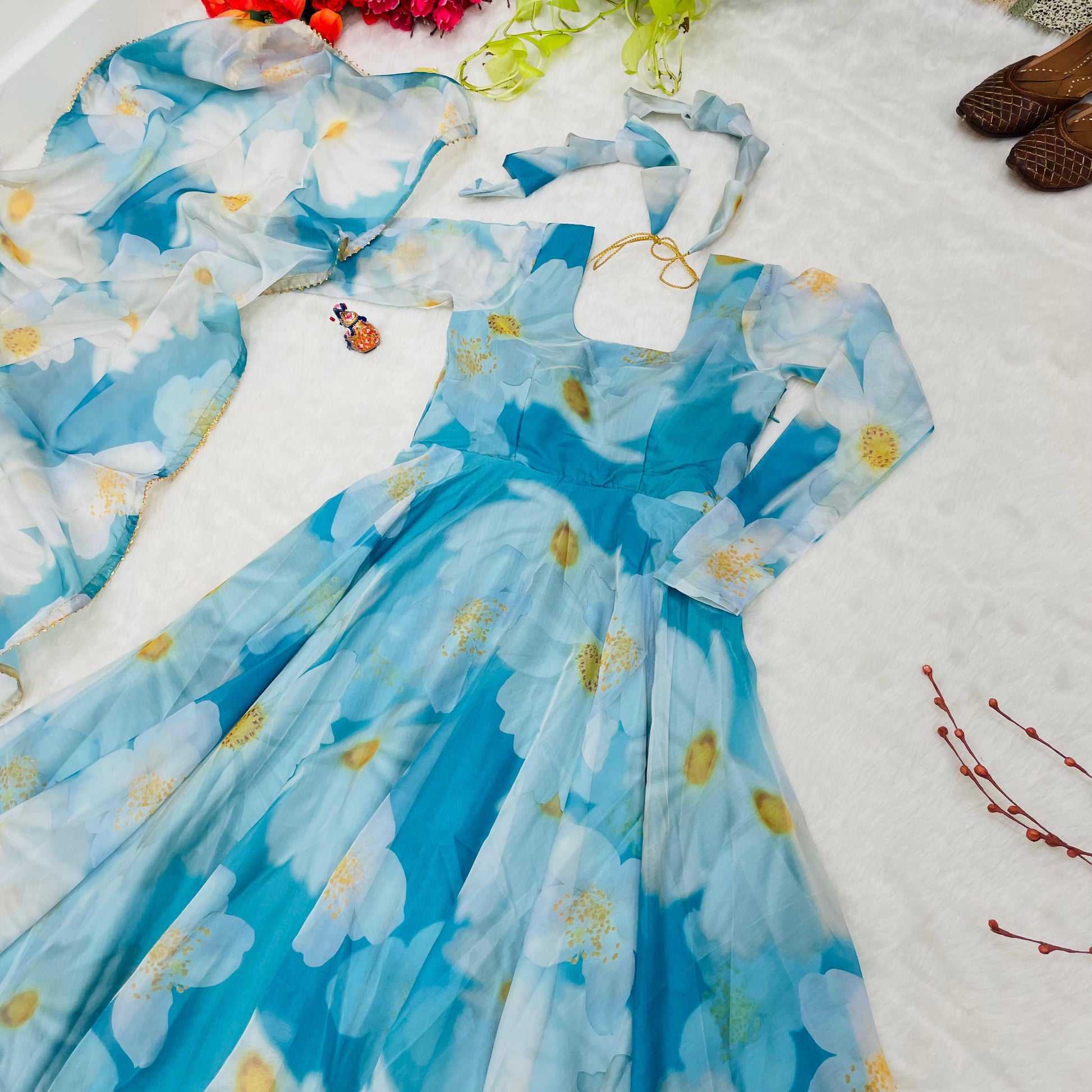 Classy Sky Blue Organza Silk Floral Printed Stitched Gown With Dupatta - INDIAN ELEGANCE
