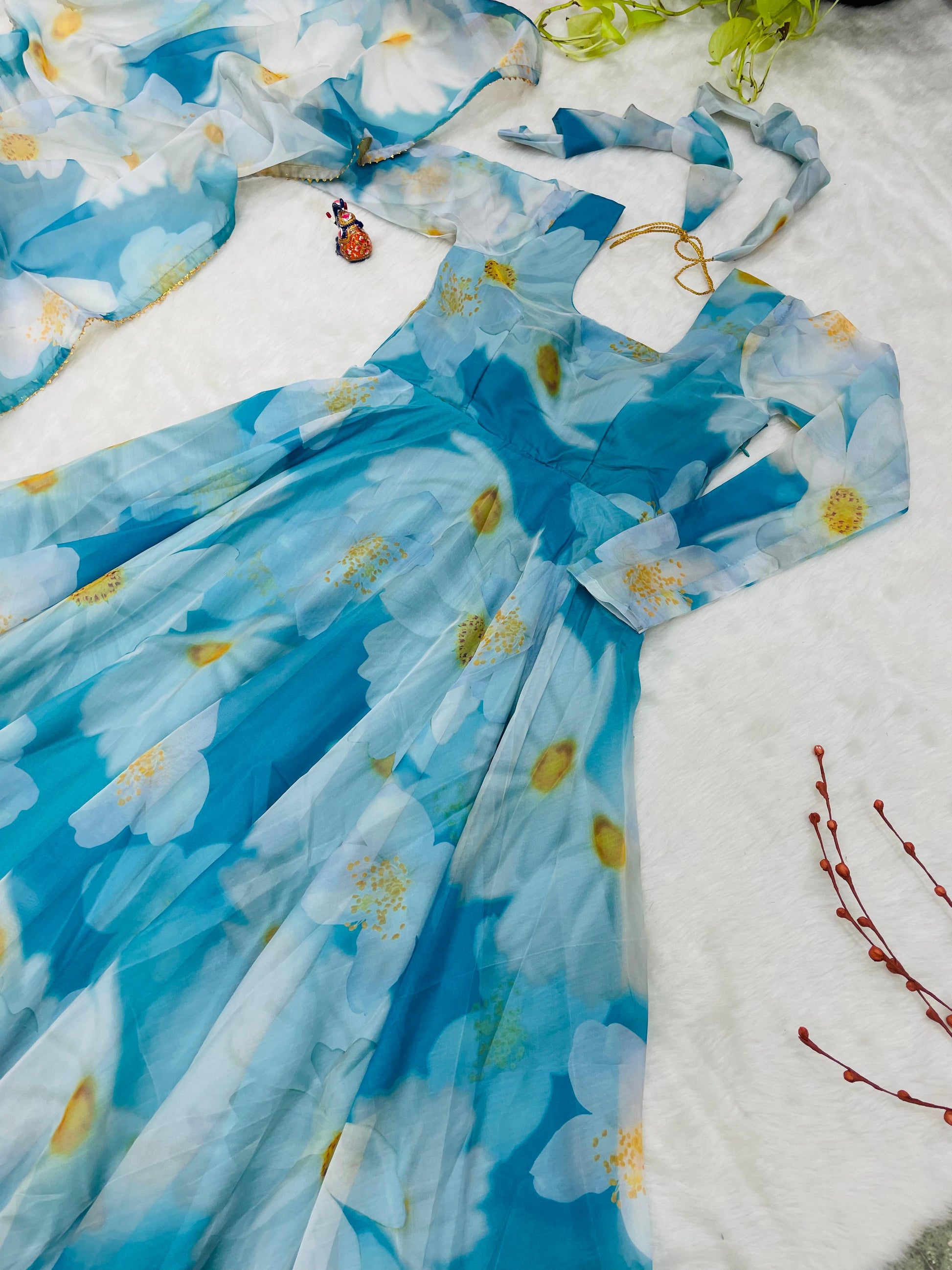 Classy Sky Blue Organza Silk Floral Printed Stitched Gown With Dupatta - INDIAN ELEGANCE