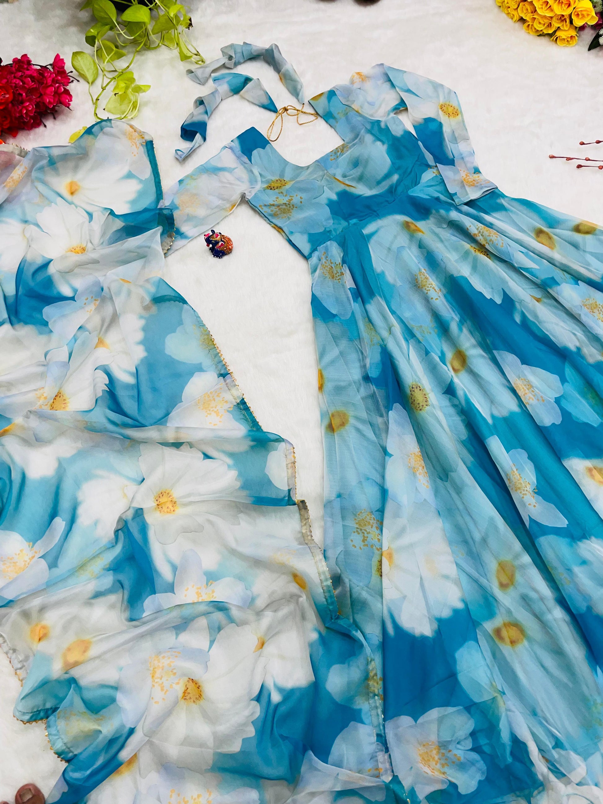 Classy Sky Blue Organza Silk Floral Printed Stitched Gown With Dupatta - INDIAN ELEGANCE