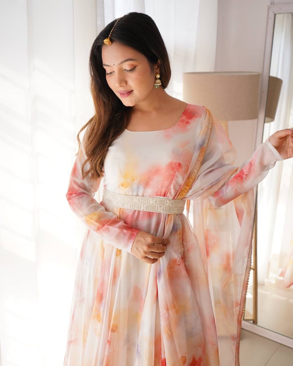 Elegant Organza Silk Floral Digital Printed Gown With Dupatta - INDIAN ELEGANCE
