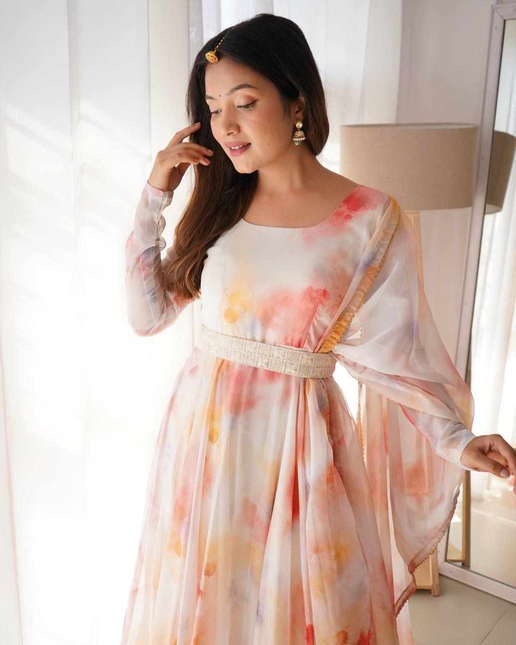Elegant Organza Silk Floral Digital Printed Gown With Dupatta - INDIAN ELEGANCE