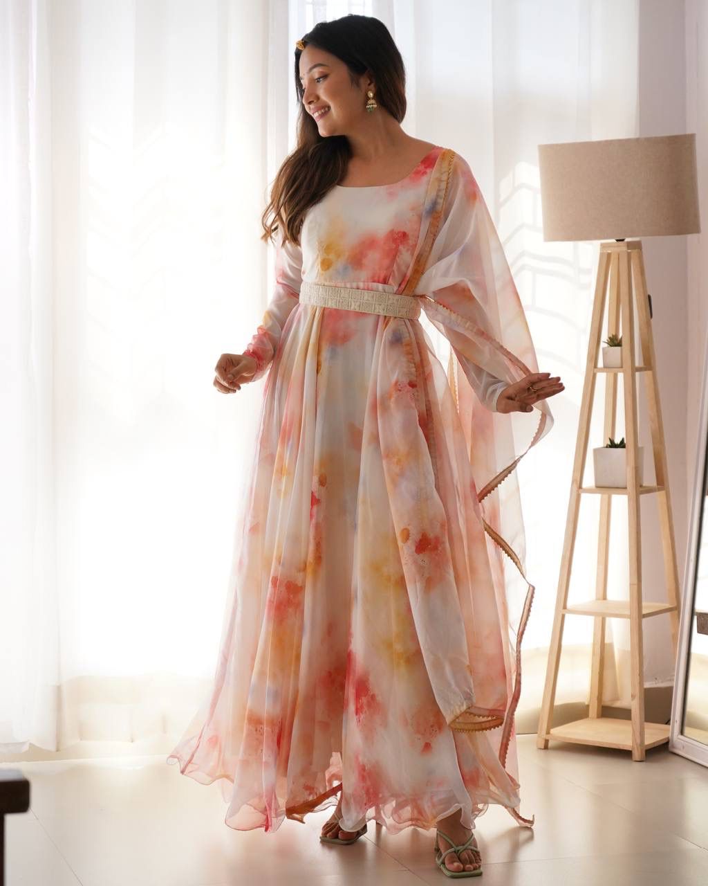 Elegant Organza Silk Floral Digital Printed Gown With Dupatta - INDIAN ELEGANCE