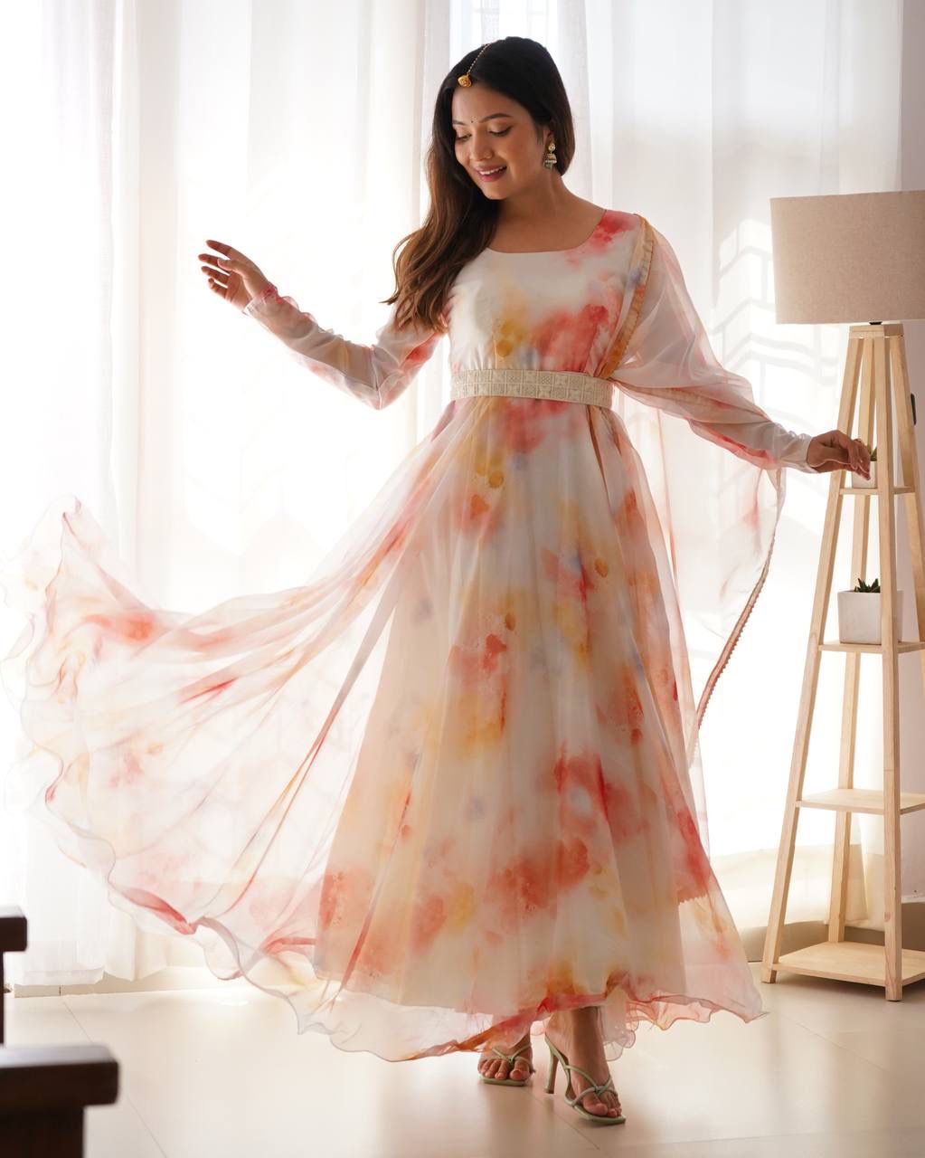 Elegant Organza Silk Floral Digital Printed Gown With Dupatta - INDIAN ELEGANCE