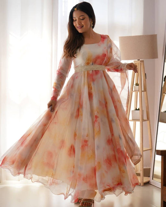 Elegant Organza Silk Floral Digital Printed Gown With Dupatta - INDIAN ELEGANCE