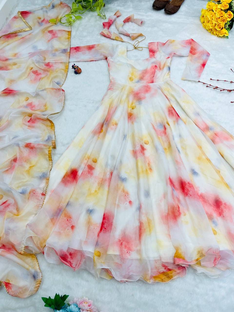 Elegant Organza Silk Floral Digital Printed Gown With Dupatta - INDIAN ELEGANCE
