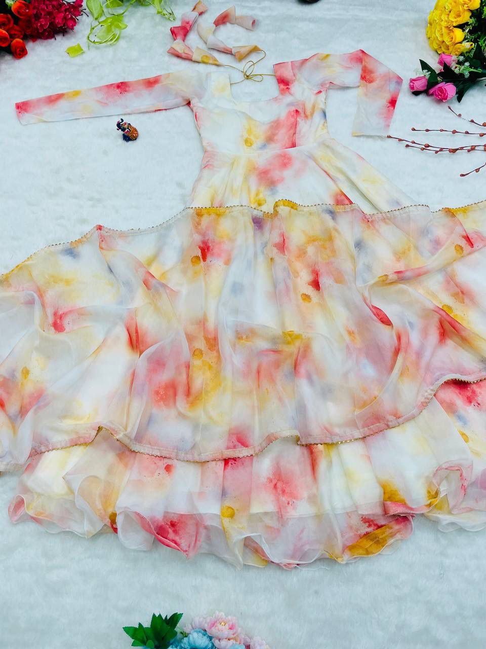 Elegant Organza Silk Floral Digital Printed Gown With Dupatta - INDIAN ELEGANCE