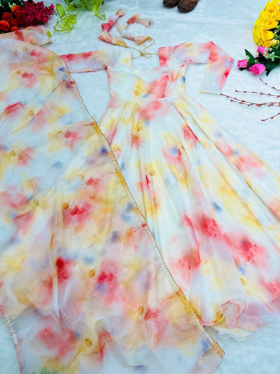 Elegant Organza Silk Floral Digital Printed Gown With Dupatta - INDIAN ELEGANCE