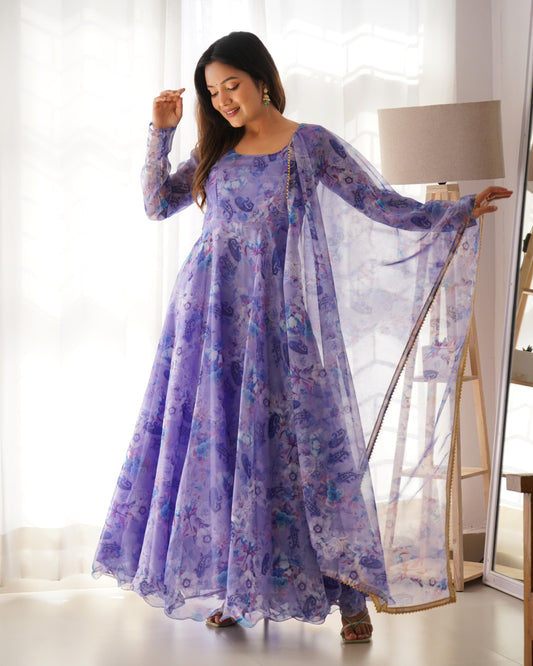 Spectacular Festive Wear Organza Sik Floral Digital Printed Gown - INDIAN ELEGANCE