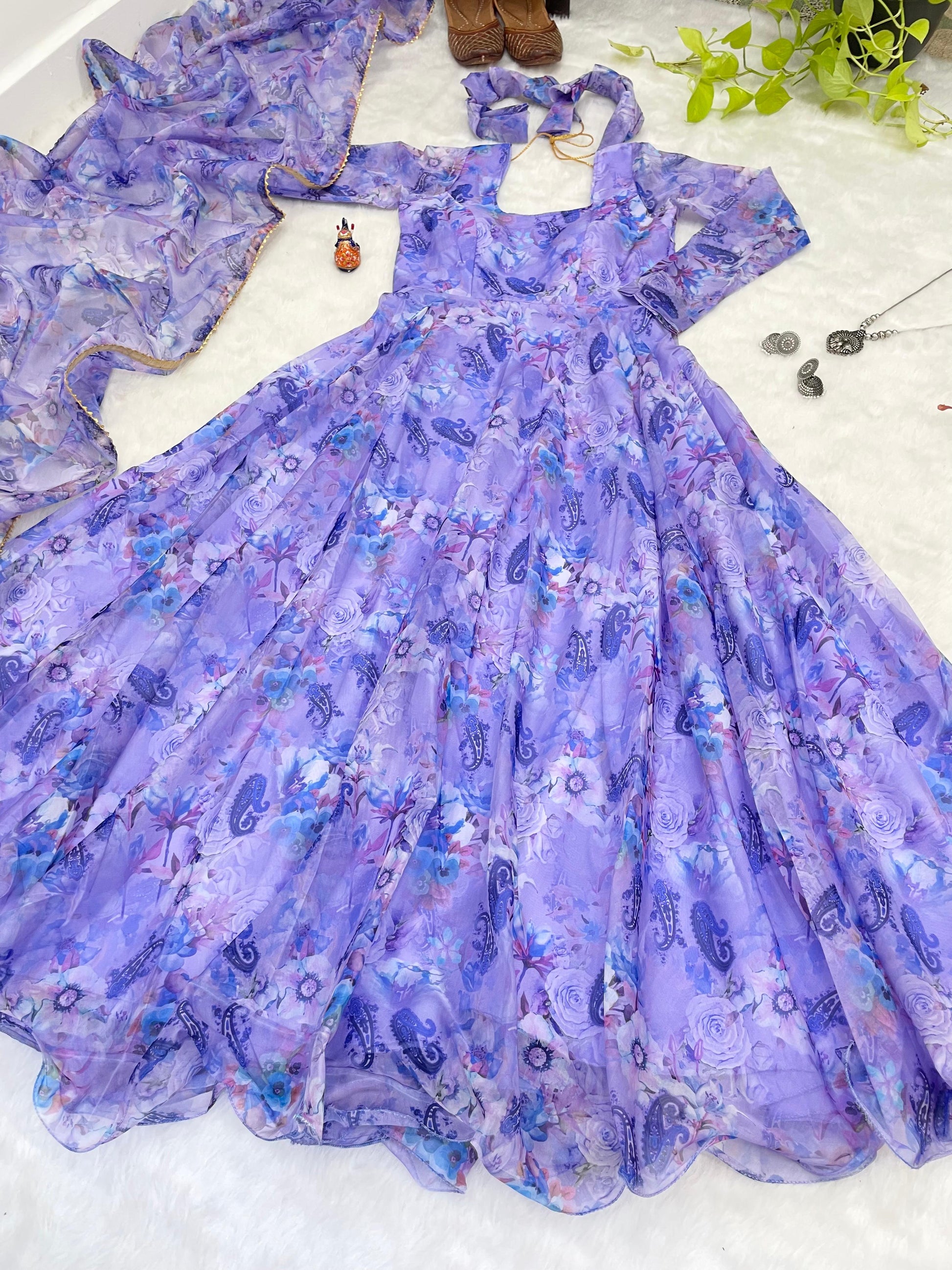 Spectacular Festive Wear Organza Sik Floral Digital Printed Gown - INDIAN ELEGANCE