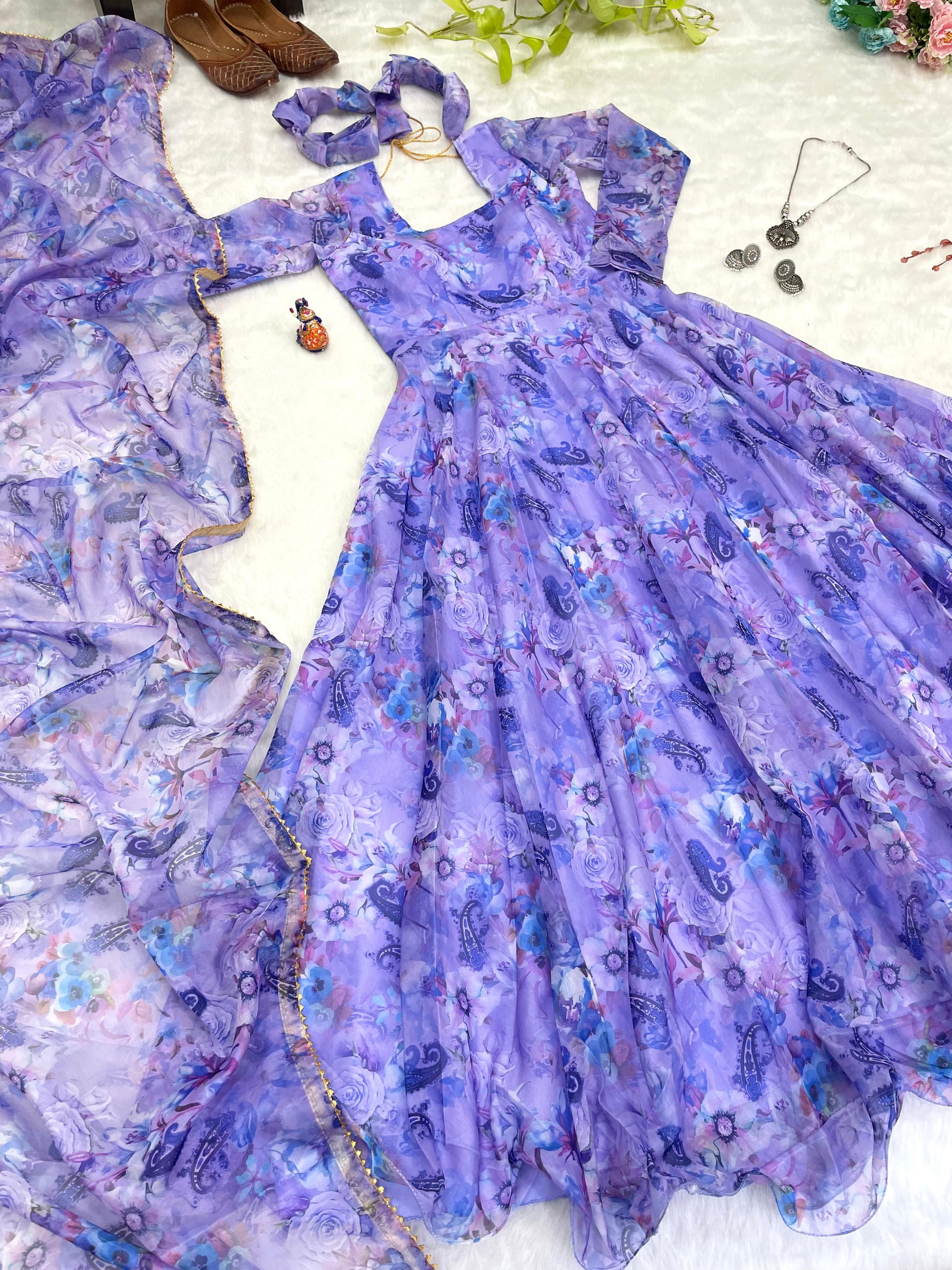 Spectacular Festive Wear Organza Sik Floral Digital Printed Gown - INDIAN ELEGANCE