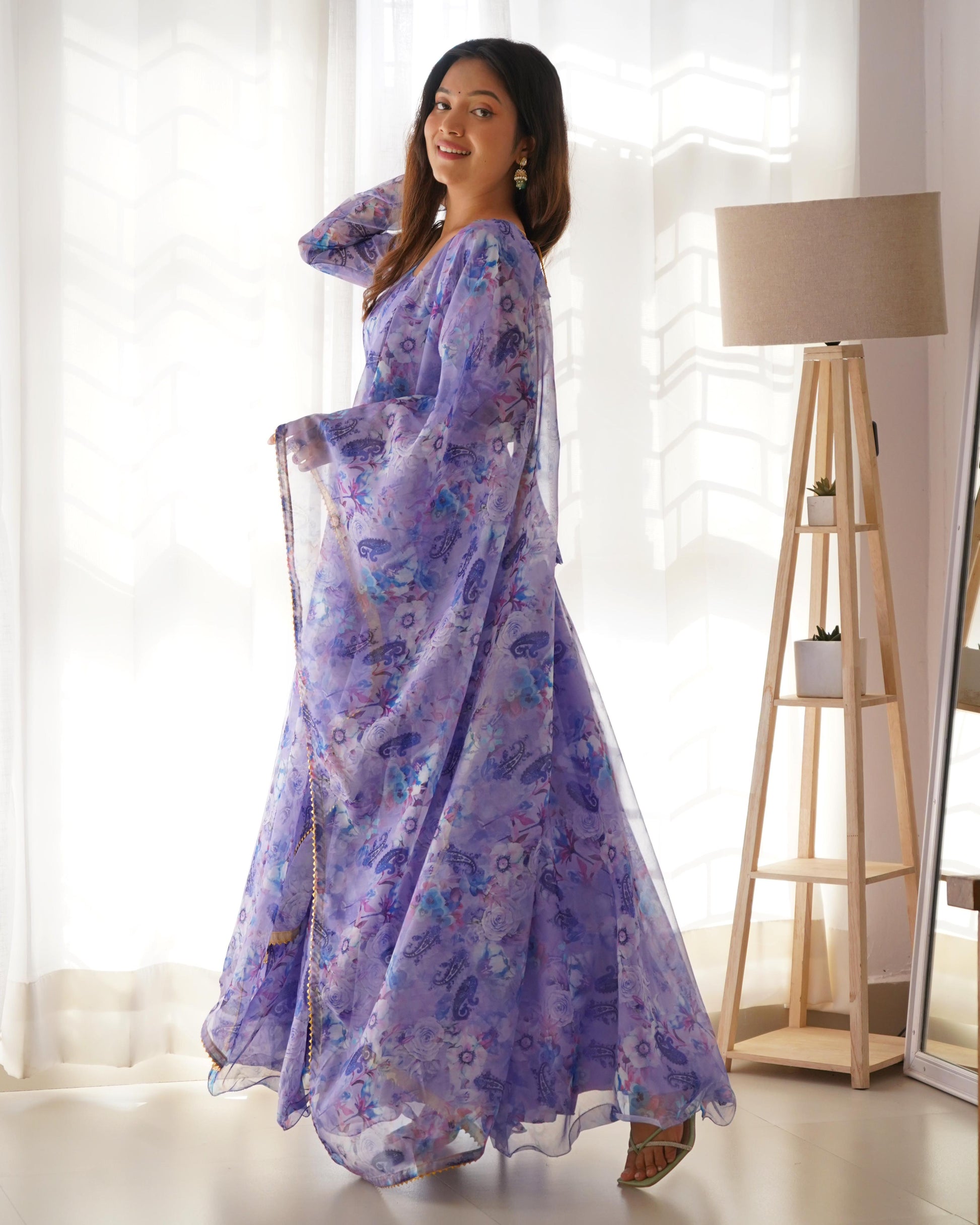 Spectacular Festive Wear Organza Sik Floral Digital Printed Gown - INDIAN ELEGANCE