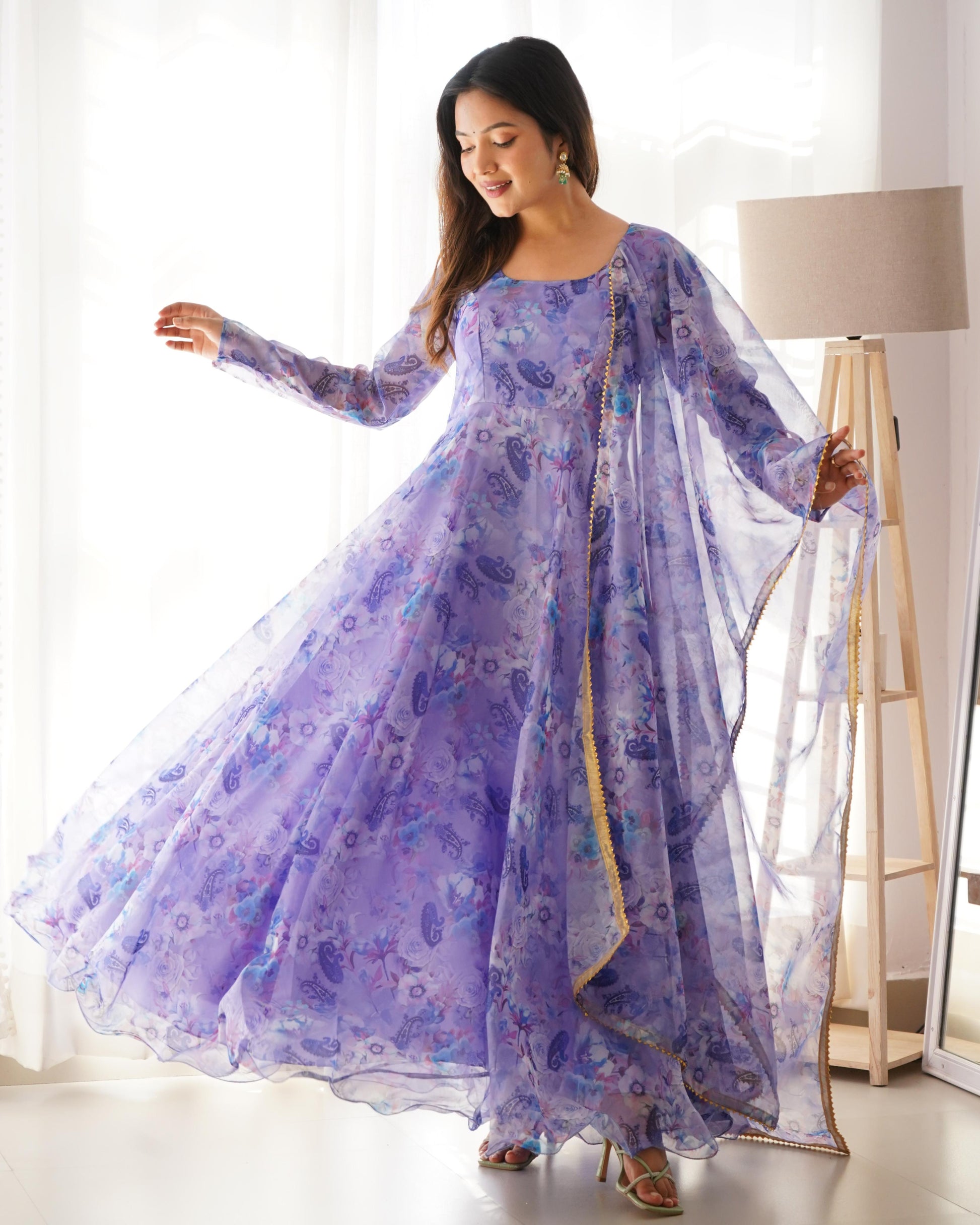 Spectacular Festive Wear Organza Sik Floral Digital Printed Gown - INDIAN ELEGANCE