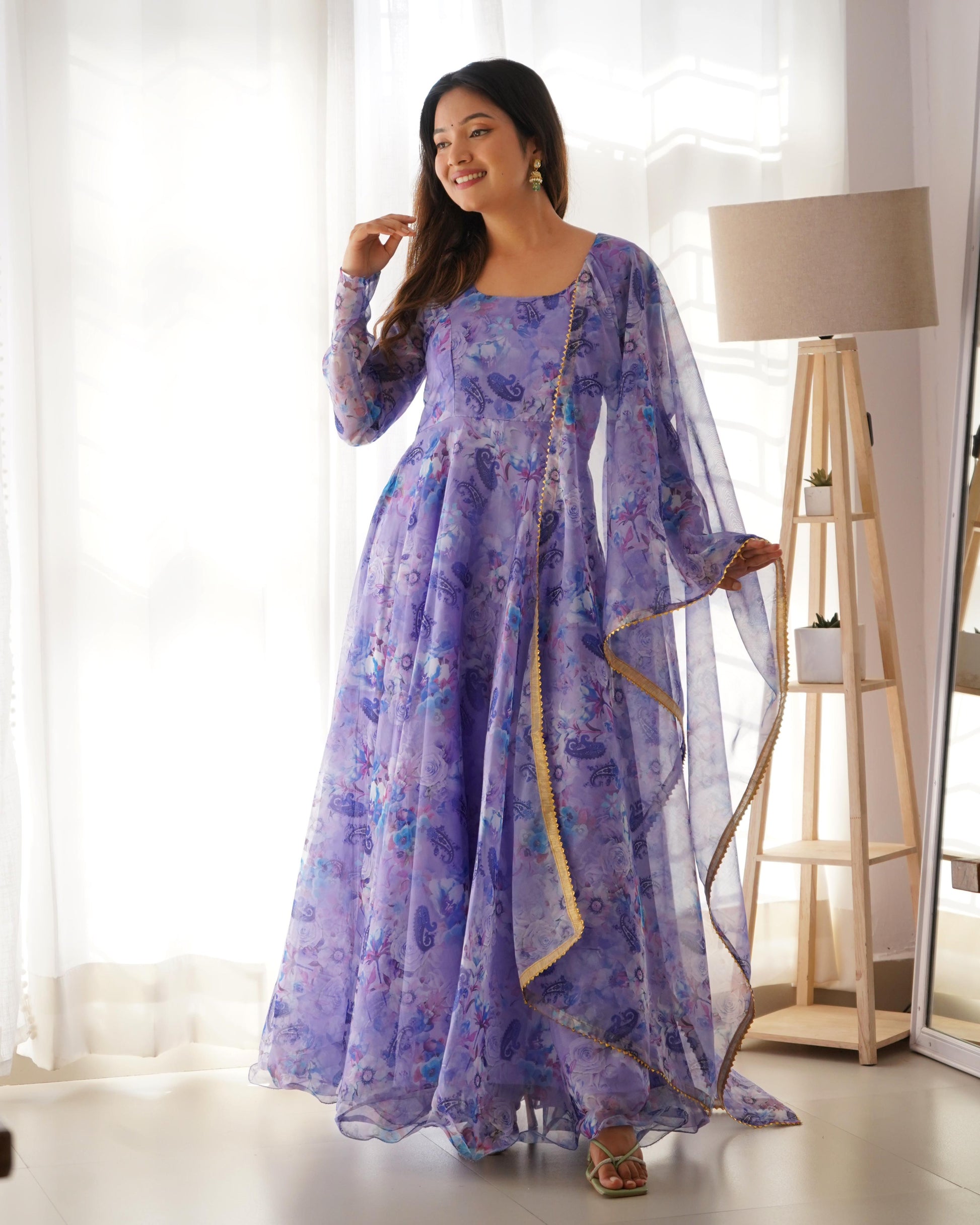 Spectacular Festive Wear Organza Sik Floral Digital Printed Gown - INDIAN ELEGANCE