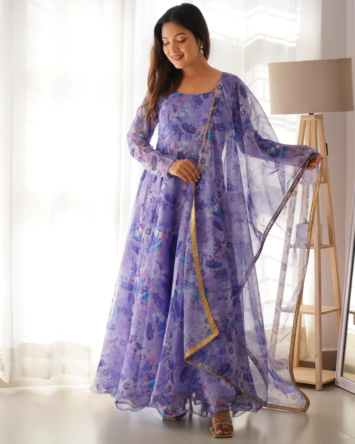 Spectacular Festive Wear Organza Sik Floral Digital Printed Gown - INDIAN ELEGANCE