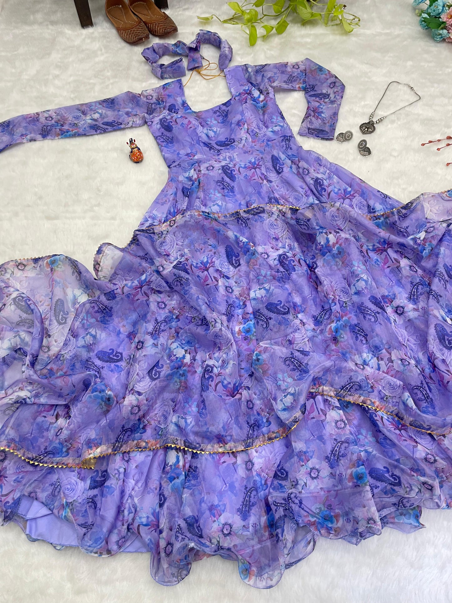 Spectacular Festive Wear Organza Sik Floral Digital Printed Gown - INDIAN ELEGANCE