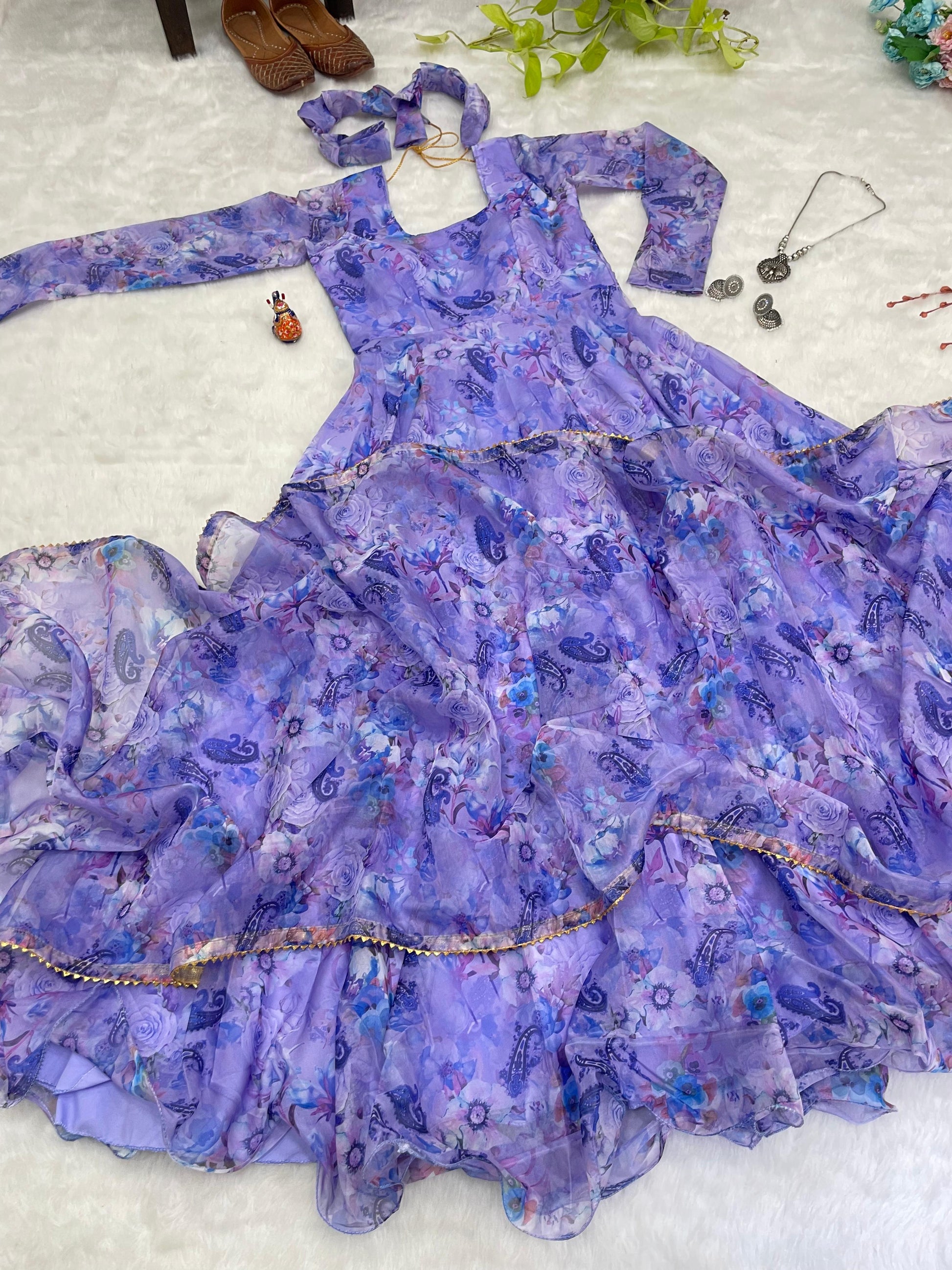 Spectacular Festive Wear Organza Sik Floral Digital Printed Gown - INDIAN ELEGANCE