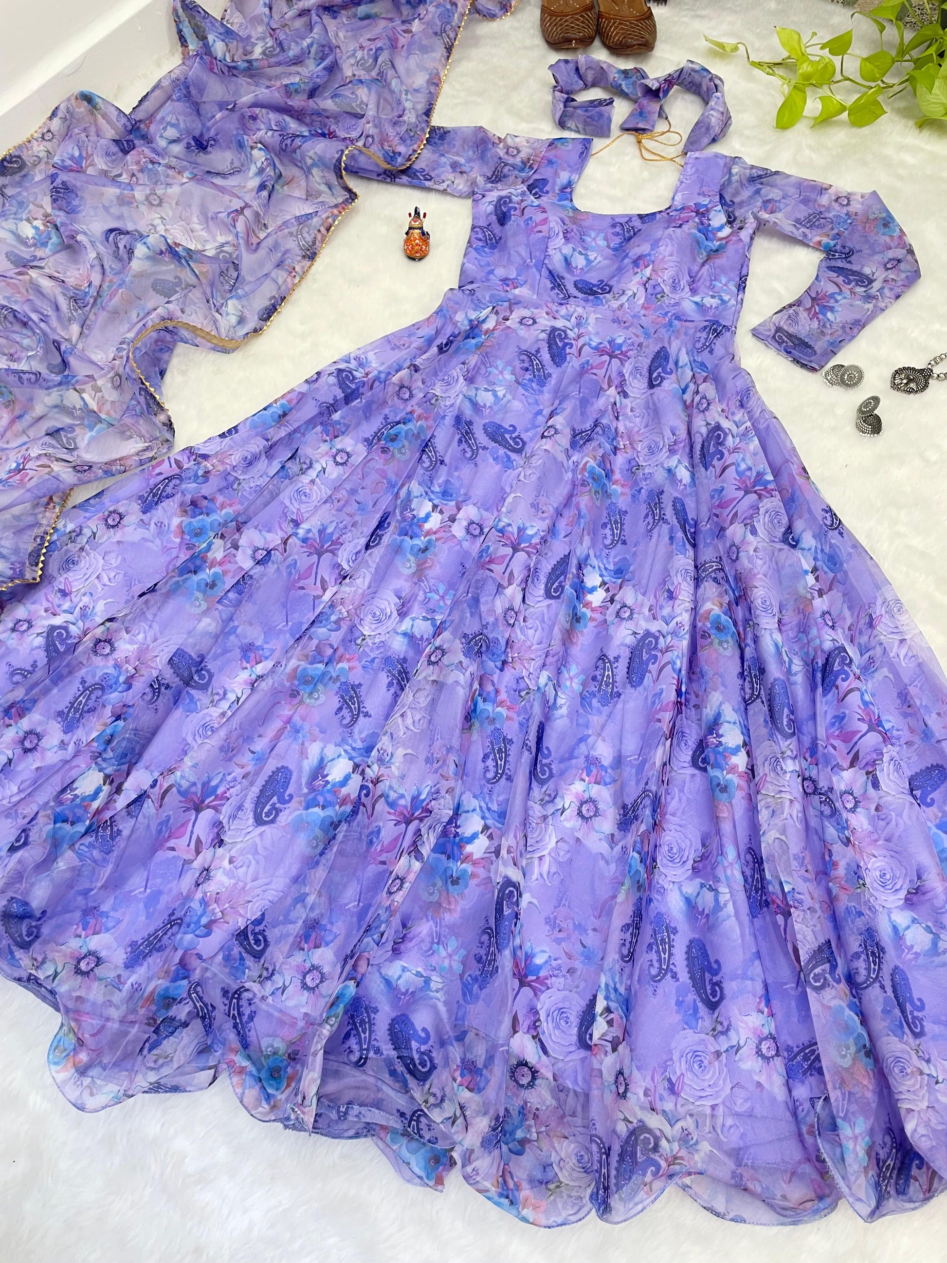 Spectacular Festive Wear Organza Sik Floral Digital Printed Gown - INDIAN ELEGANCE