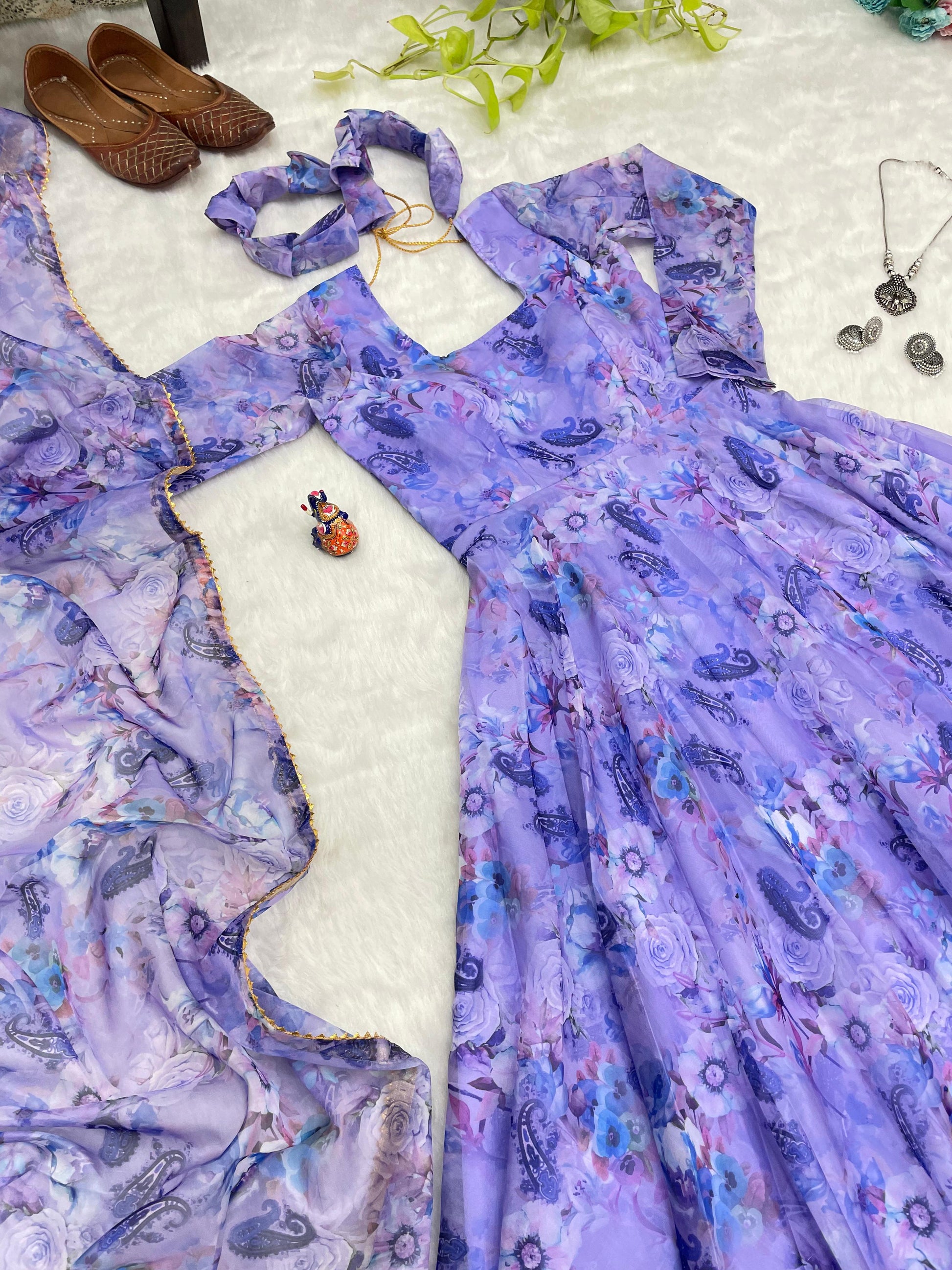 Spectacular Festive Wear Organza Sik Floral Digital Printed Gown - INDIAN ELEGANCE