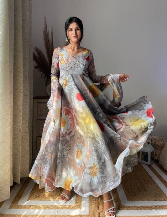 Magnificent Festive Wear Organza Sik Designer Gown With Dupatta - INDIAN ELEGANCE