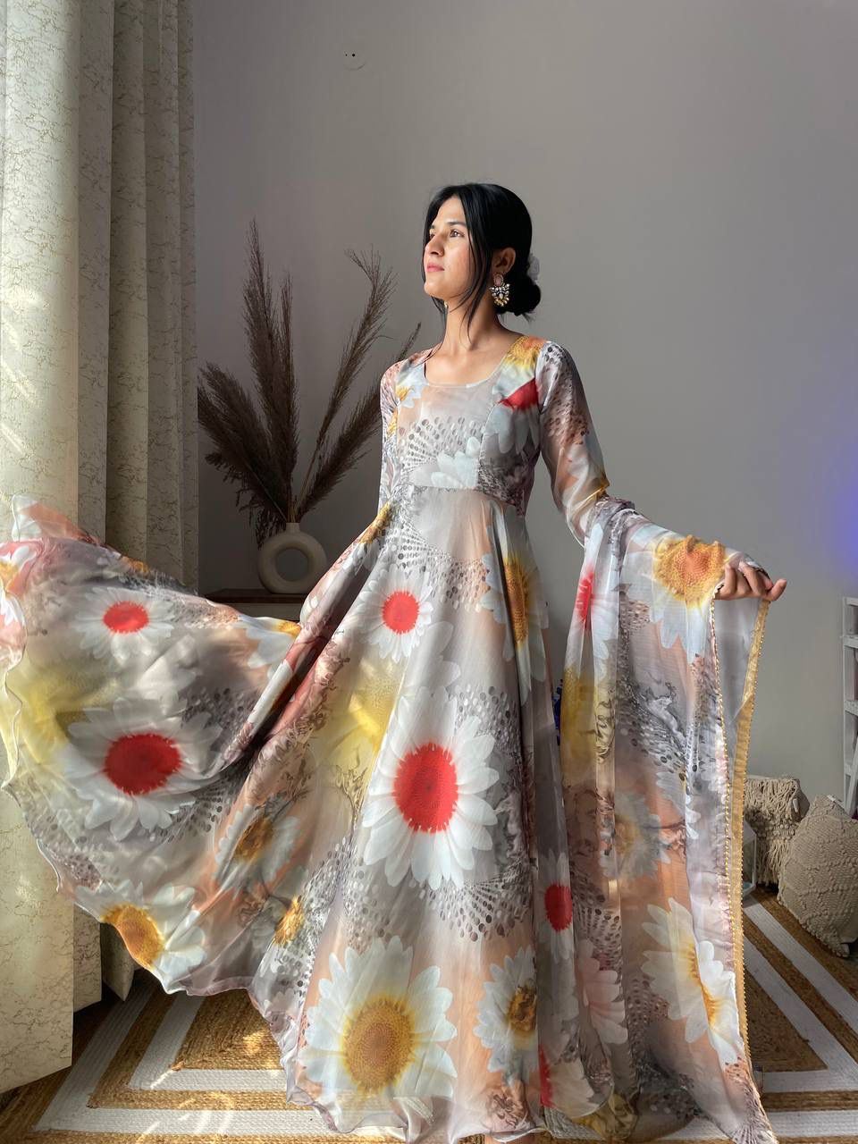 Magnificent Festive Wear Organza Sik Designer Gown With Dupatta - INDIAN ELEGANCE
