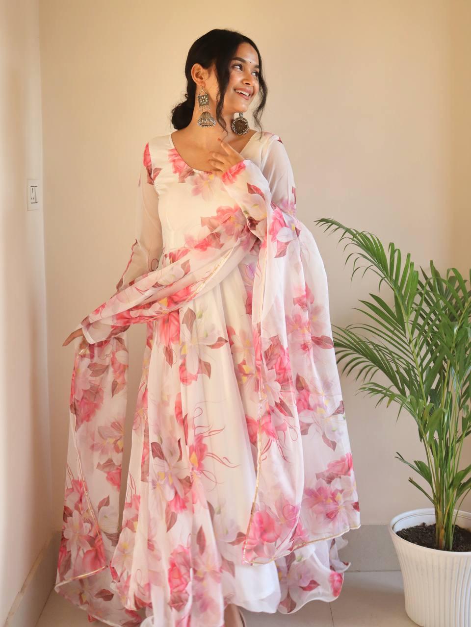 Breathtaking White Floral Digital Printed Organza Silk Anarkali Pant Suit - INDIAN ELEGANCE