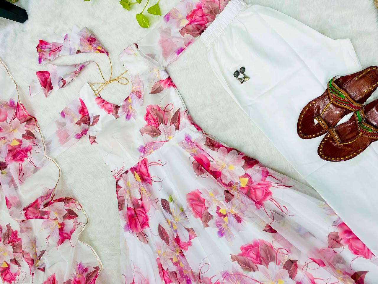 Breathtaking White Floral Digital Printed Organza Silk Anarkali Pant Suit - INDIAN ELEGANCE