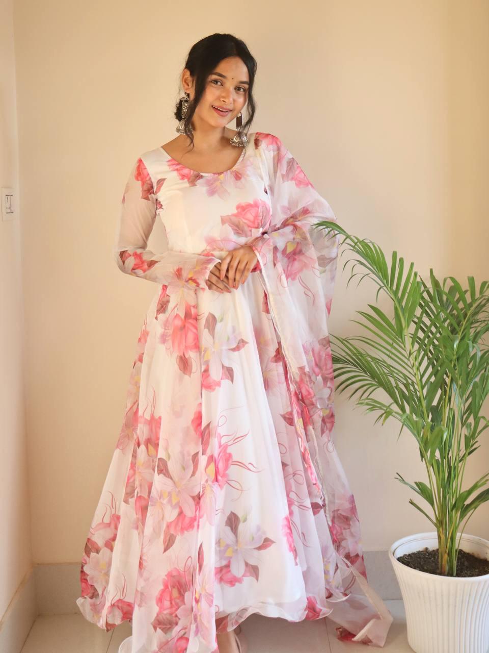 Breathtaking White Floral Digital Printed Organza Silk Anarkali Pant Suit - INDIAN ELEGANCE