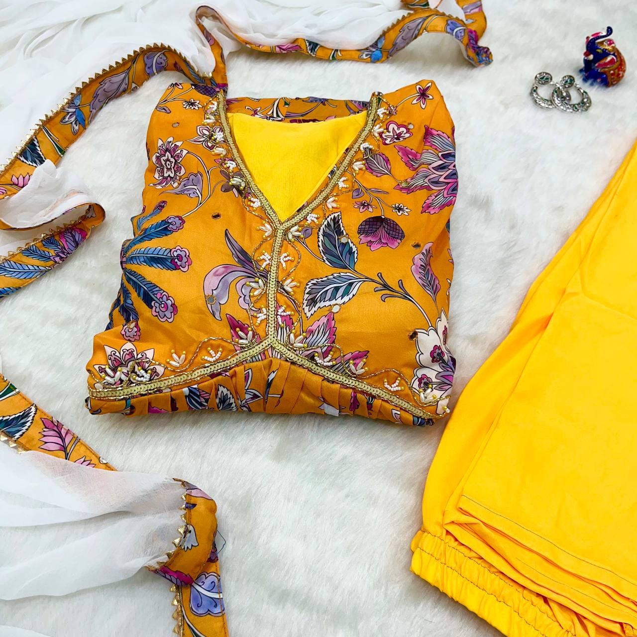 Radiant Yellow Soft Cotton Printed Handworked Anarkali Pant Suit - INDIAN ELEGANCE