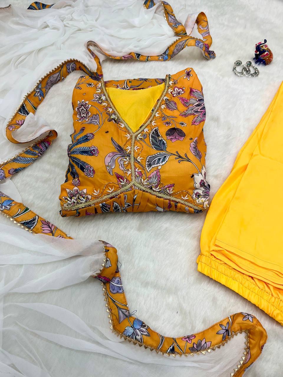 Radiant Yellow Soft Cotton Printed Handworked Anarkali Pant Suit - INDIAN ELEGANCE