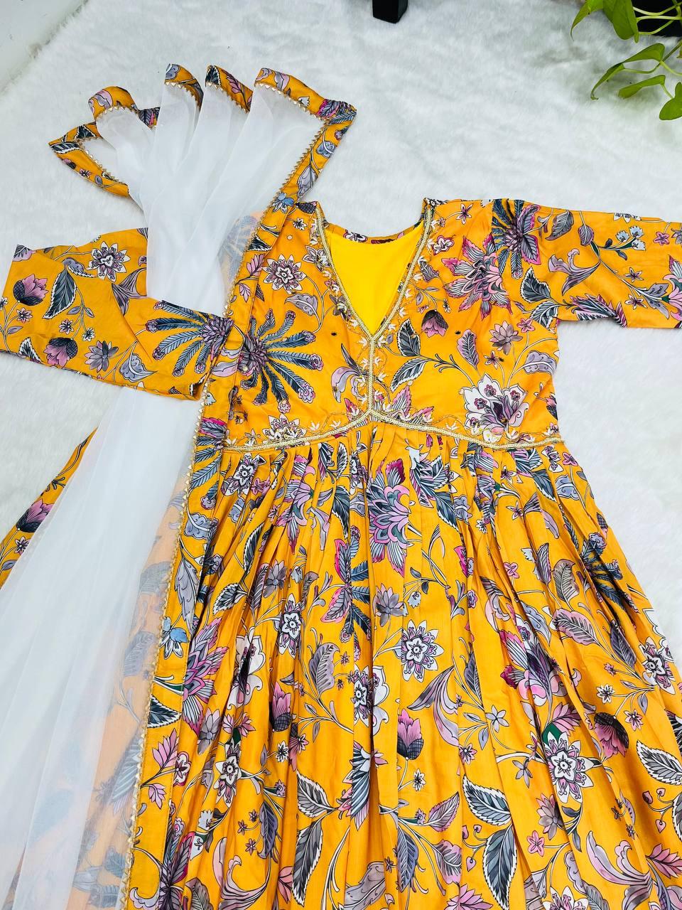 Radiant Yellow Soft Cotton Printed Handworked Anarkali Pant Suit - INDIAN ELEGANCE