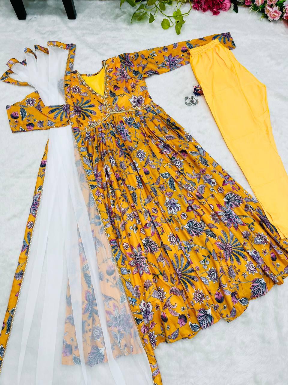 Radiant Yellow Soft Cotton Printed Handworked Anarkali Pant Suit - INDIAN ELEGANCE